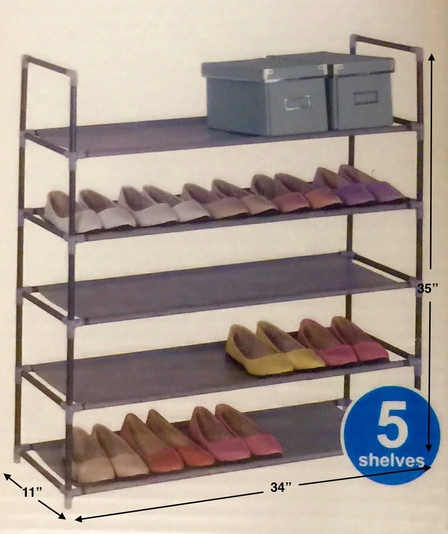 5 Tiers Shoe Rack Space Saving Shoe Tower Shelf Storage Organizer Stand Cabinet Bench Stackable - Holds 20-25 Pair Of Shoes Easy To Assemble - No Tools Required