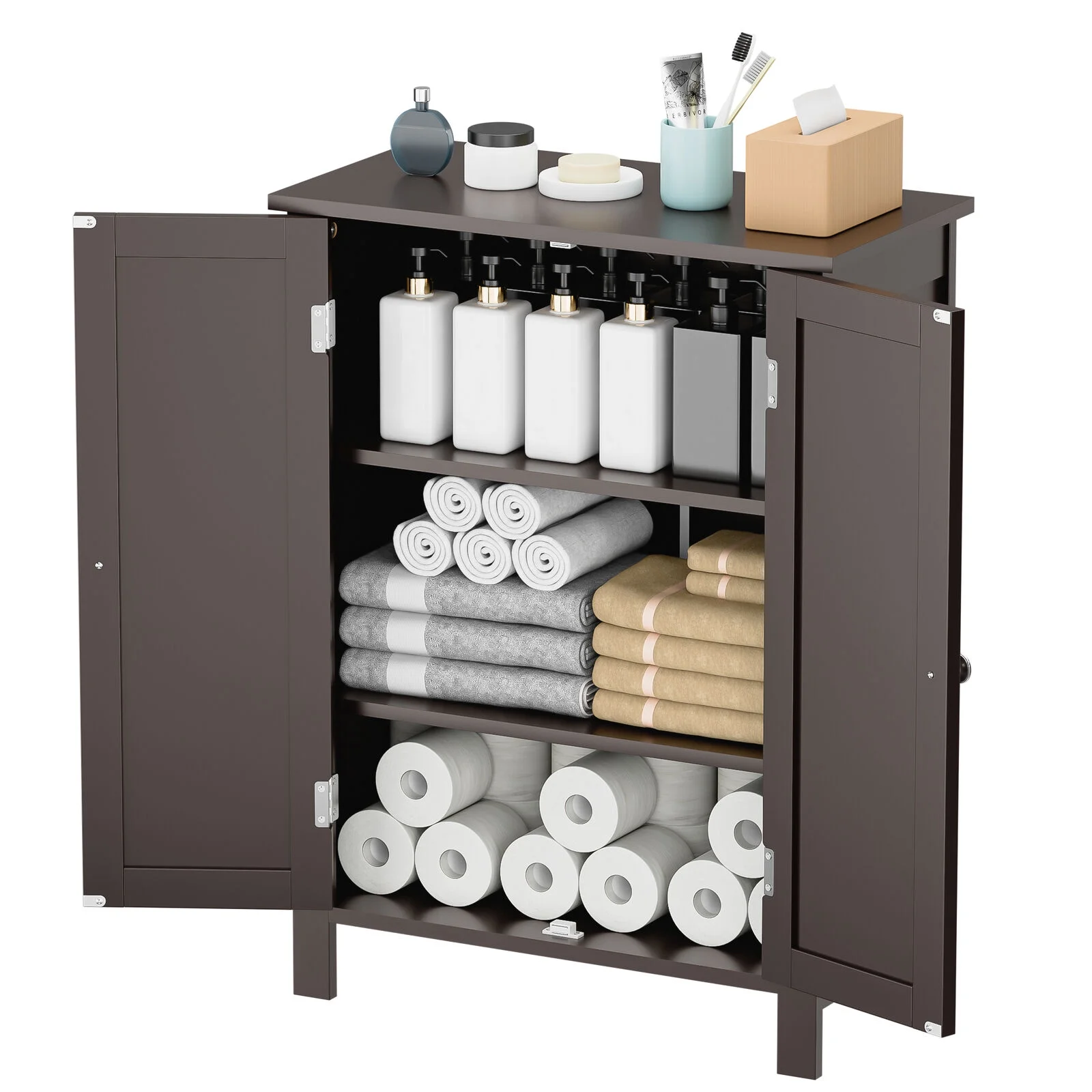 Brown Wooden 2 Door Bathroom Cabinet Storage Cupboard W/ 3 Shelves Free Standing