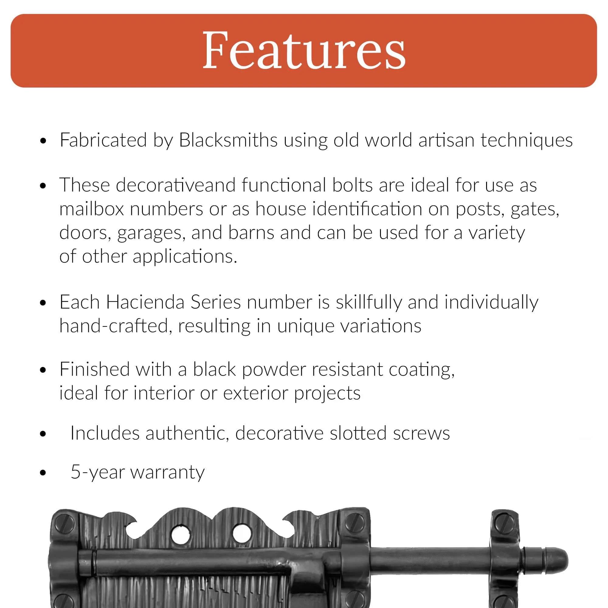 6.75 inch Decorative Bolt Latch- Black - Small Latch - Gate Hardware Wrought Iron Decorative Hardware Hook Latch Attic Door Latch - The Hacienda Series by Borderland Rustic Hardware