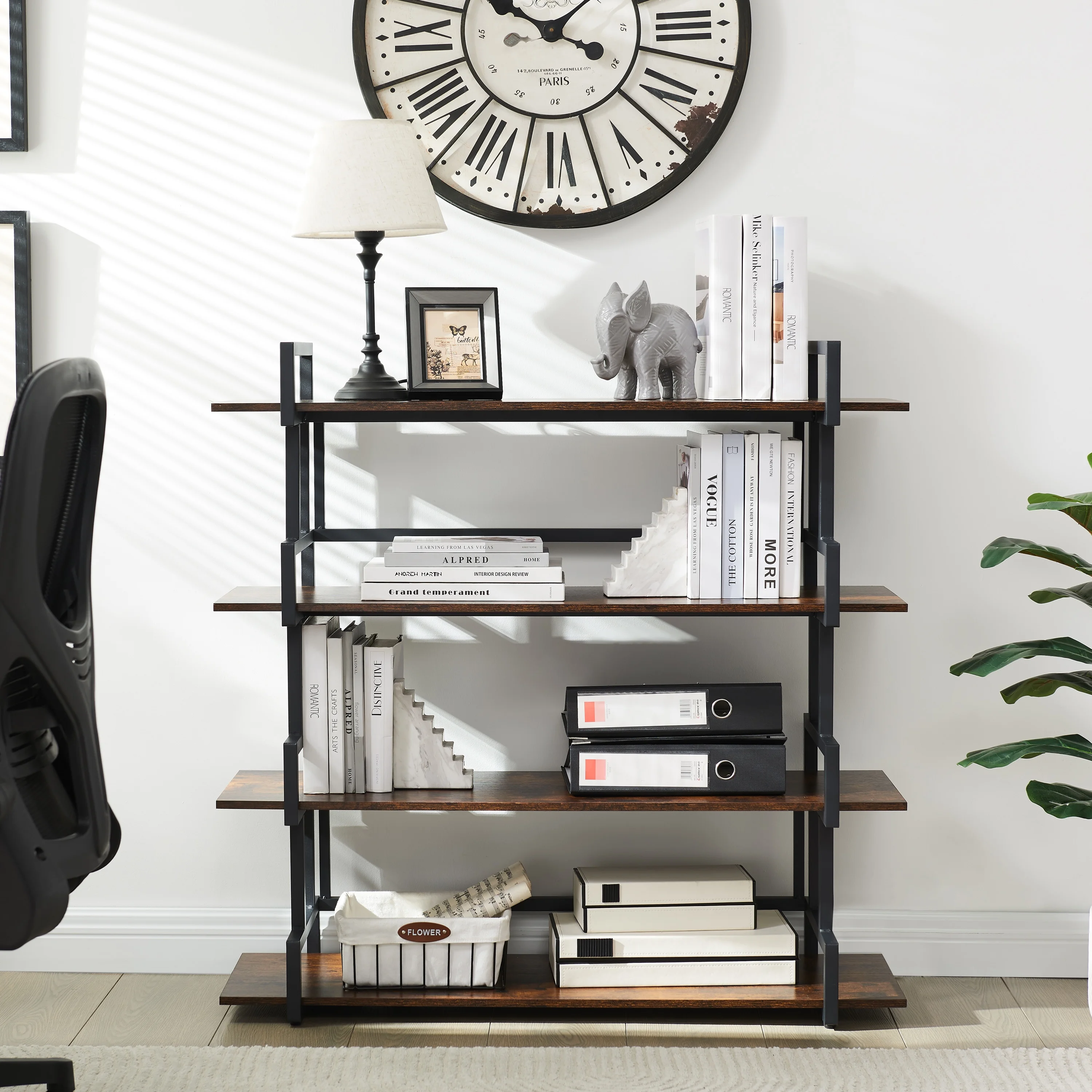 4 Tier Office Bookcase Shelf Rustic Wood Metal Bookshelves Freestanding Open Book Shelf, Industrial Tall Corner Bookcase Easy to Assemble for Home Office, Living Room and Bedroom