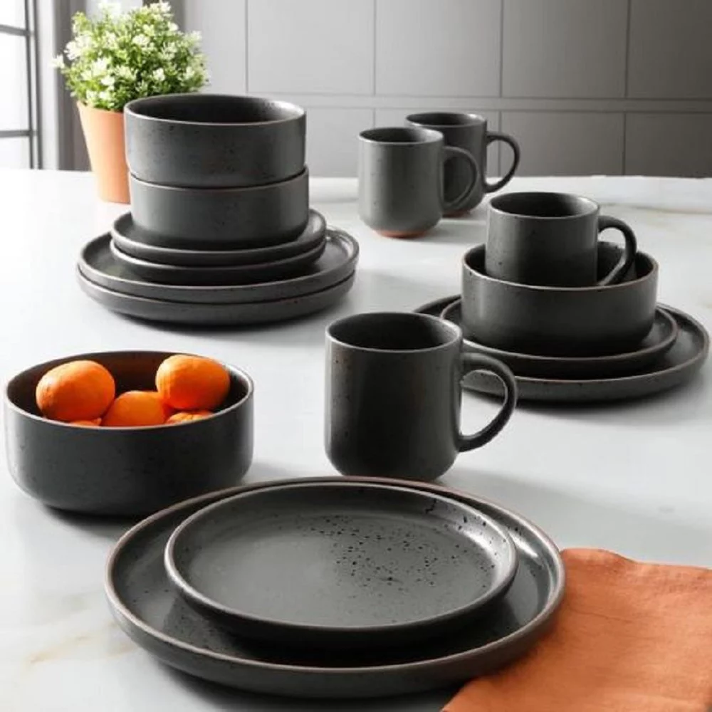 Gibson Elite 12723816R Black Sand 16-Piece Contemporary - Black - Dinnerware Set