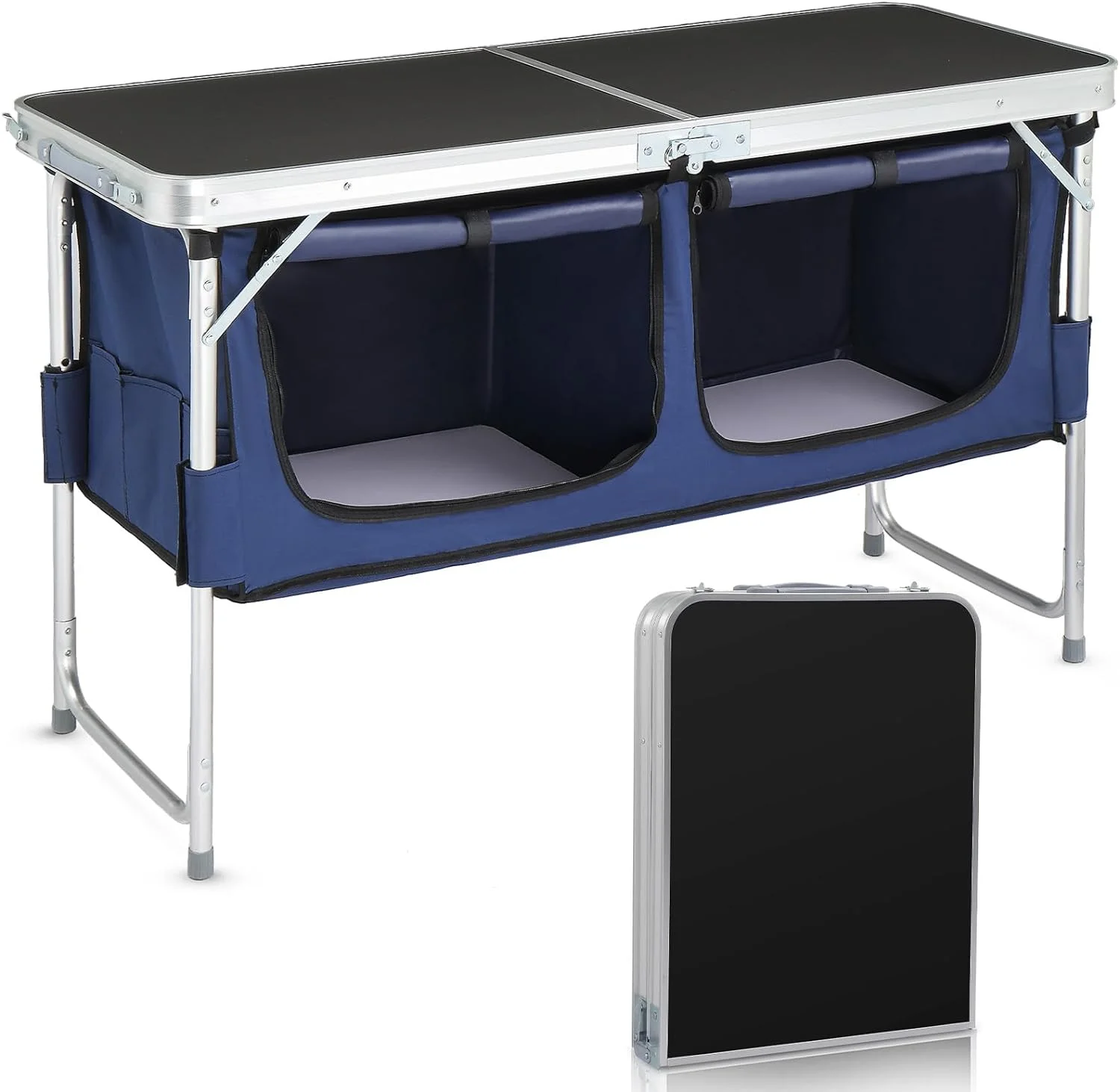 4 Ft Folding Table, Aluminum Camping Table, Picnic Table with Storage, Adjustable Height for Outdoor Beach BBQ Backyards Travel Party (Black)