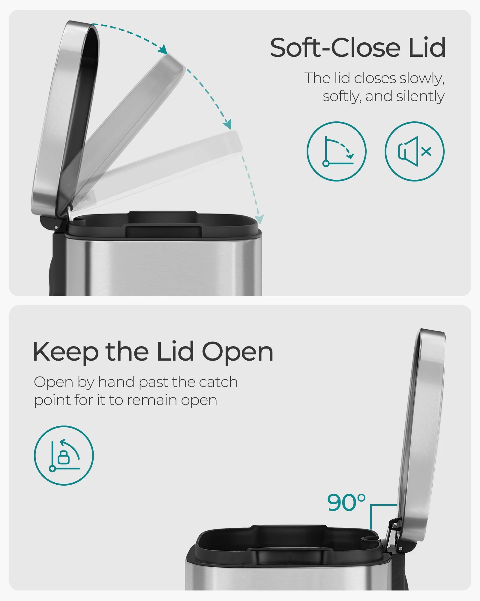 Songmics 8 Gallon Kitchen Trash Can with Lid Stainless Steel Garbage Can Recycling Rubbish Bin Silver