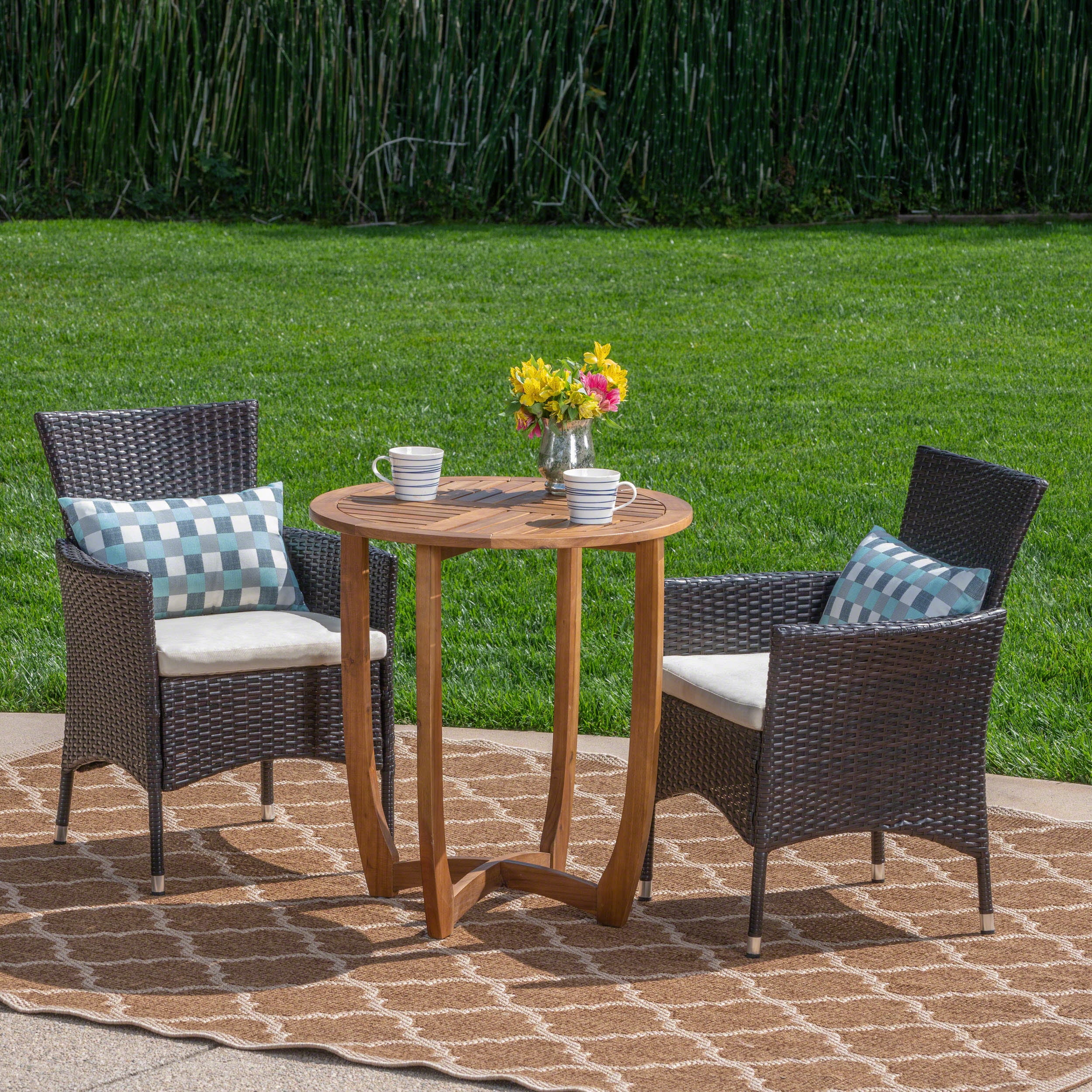 GDF Studio Brantly Outdoor Acacia Wood and Wicker 3 Piece Bistro Set with Cushions, Teak, Multibrown, and Beige