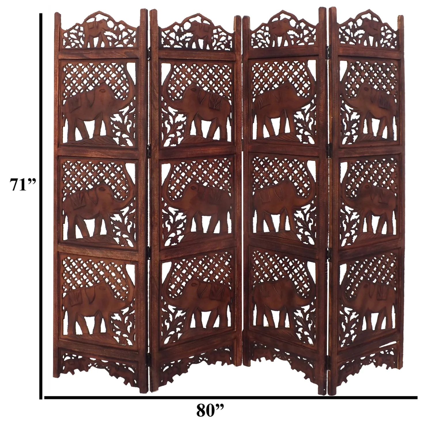 Maykoosh Hollywood Regency Hand Carved Elephant Design Foldable 4 Panel Wooden Room Divider, Brown