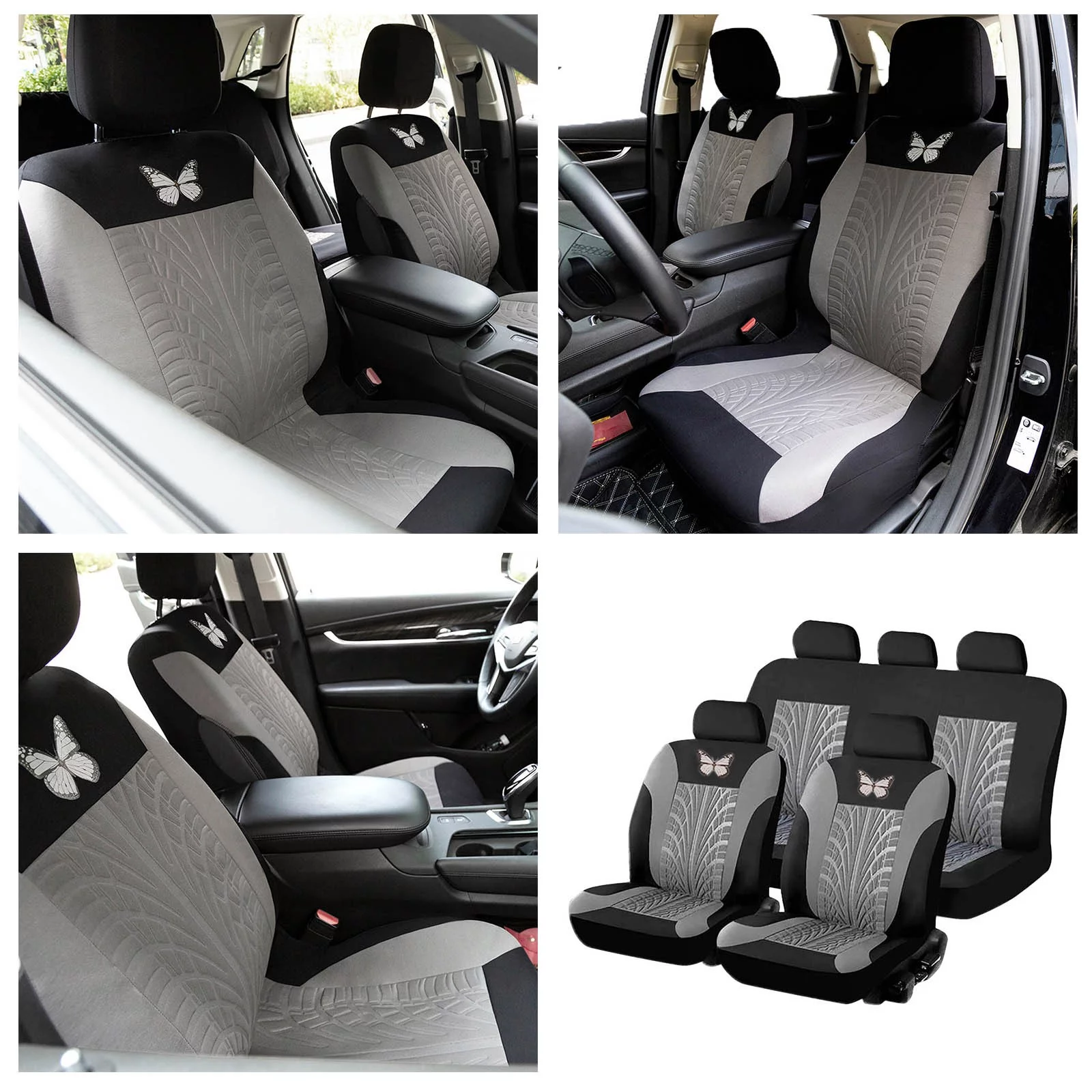 ZiSUGP 5 Seat Universal Car Seat Covers Protector Cushion Full Set Front and Rear Back Seat Cover 3D Butterfly Pattern Fit for Cars Auto Truck Van SUV 9PCS Gray Dog Car Se