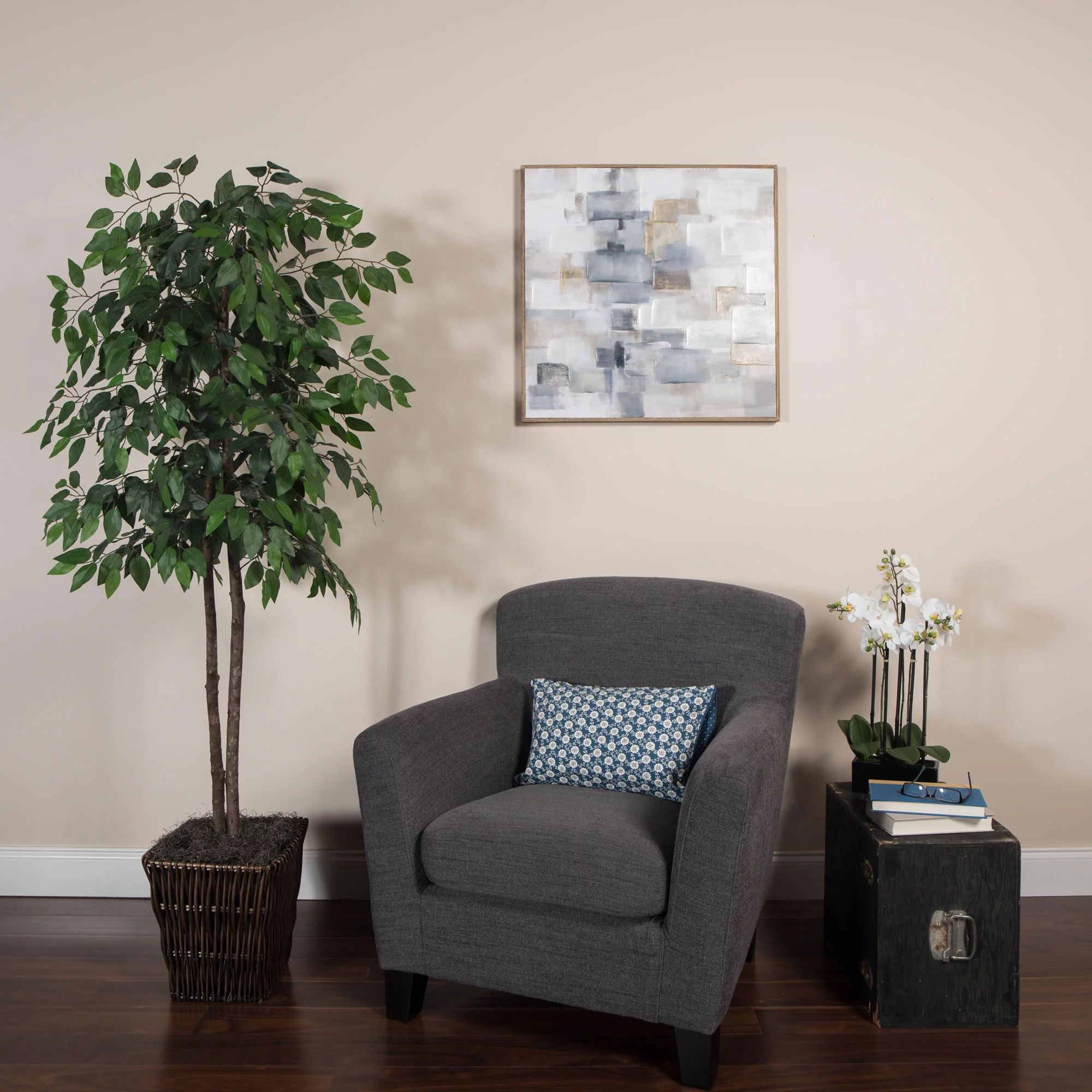 Vickerman 6' Artificial Ficus, Square Willow Basket.