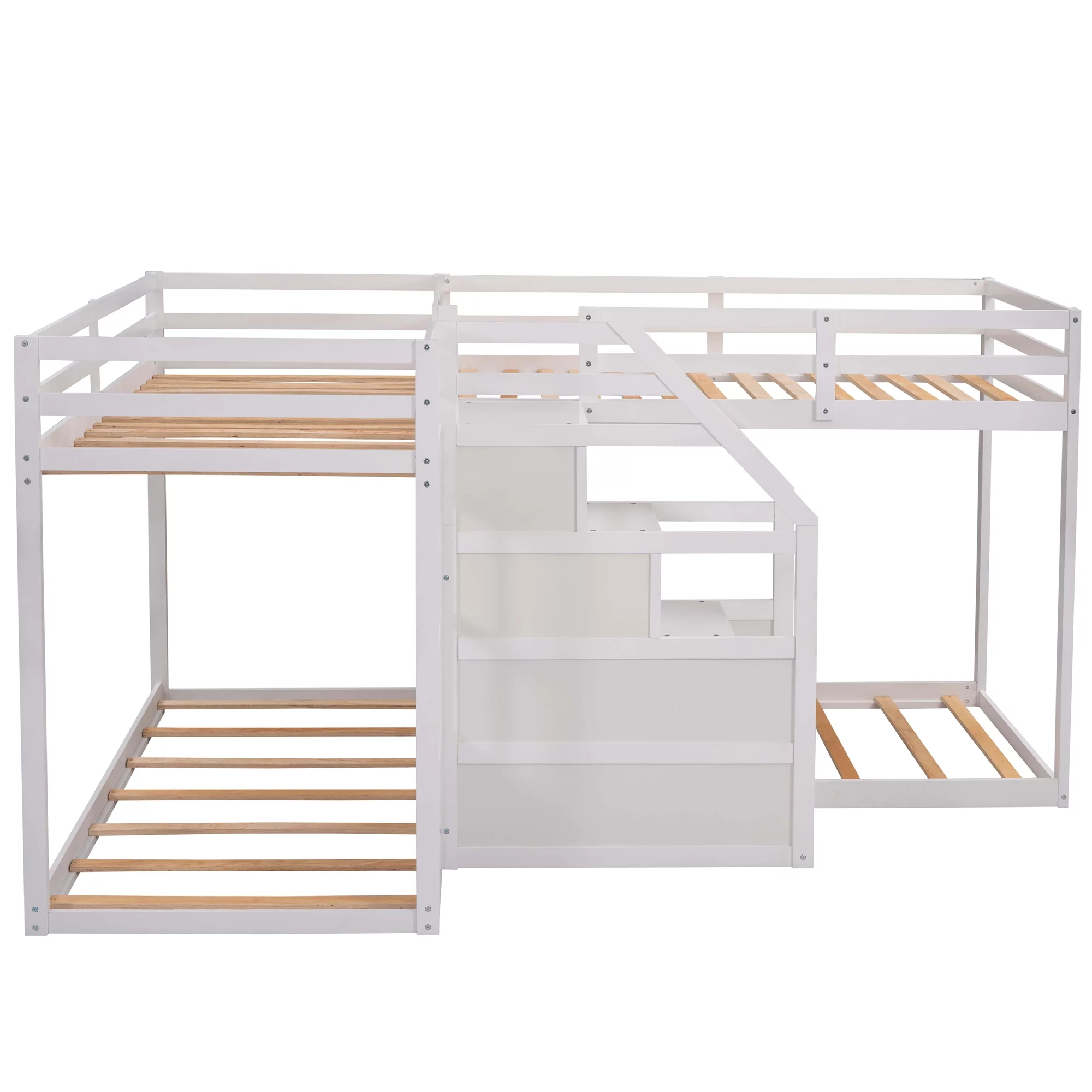 EUROCO Twin over Twin L-Shaped Bunk Bed with Middle Staircase, White