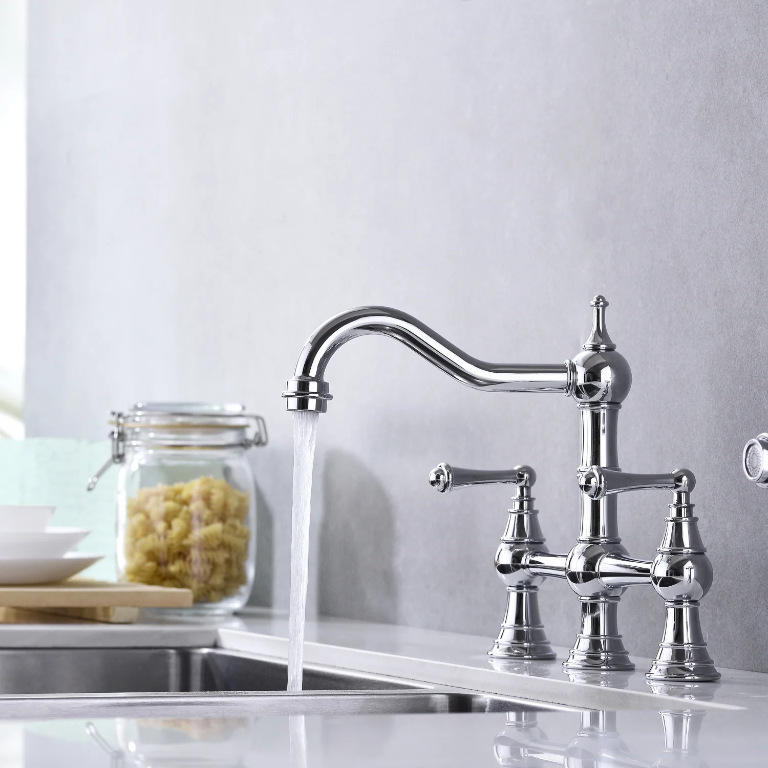 DremFaryoyo Bridge Dual Handles Kitchen Faucet With Pull-Out Side Spray in