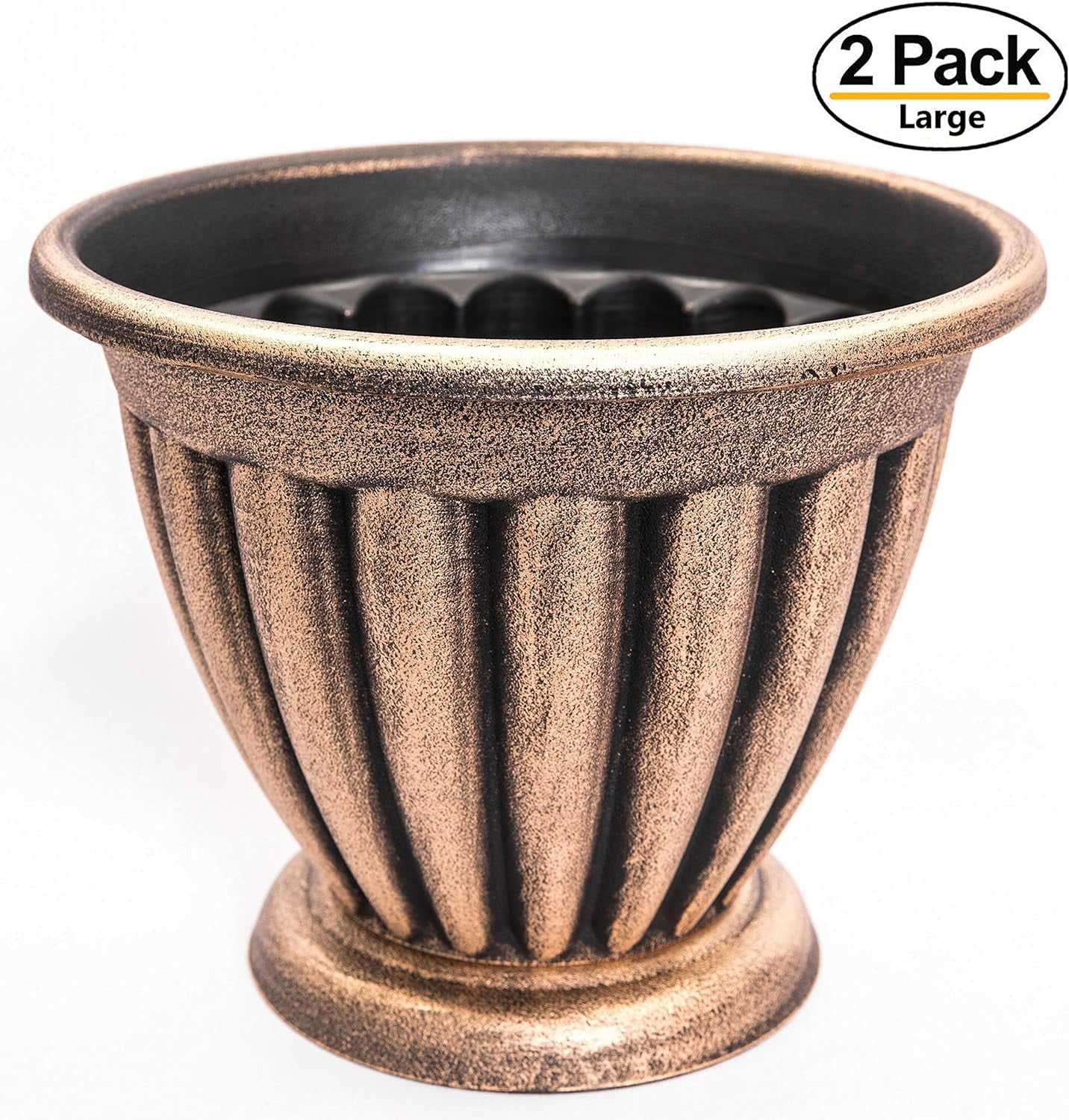 Set Of 2 Large Combination Rustic Look Heavy Duty Plastic Planter 14X11 Inches With Base, Flowerpot Nursery For Garden Patio Office Ornaments Home Decor Long Lasting Reusable Light Weight (Gold-C)