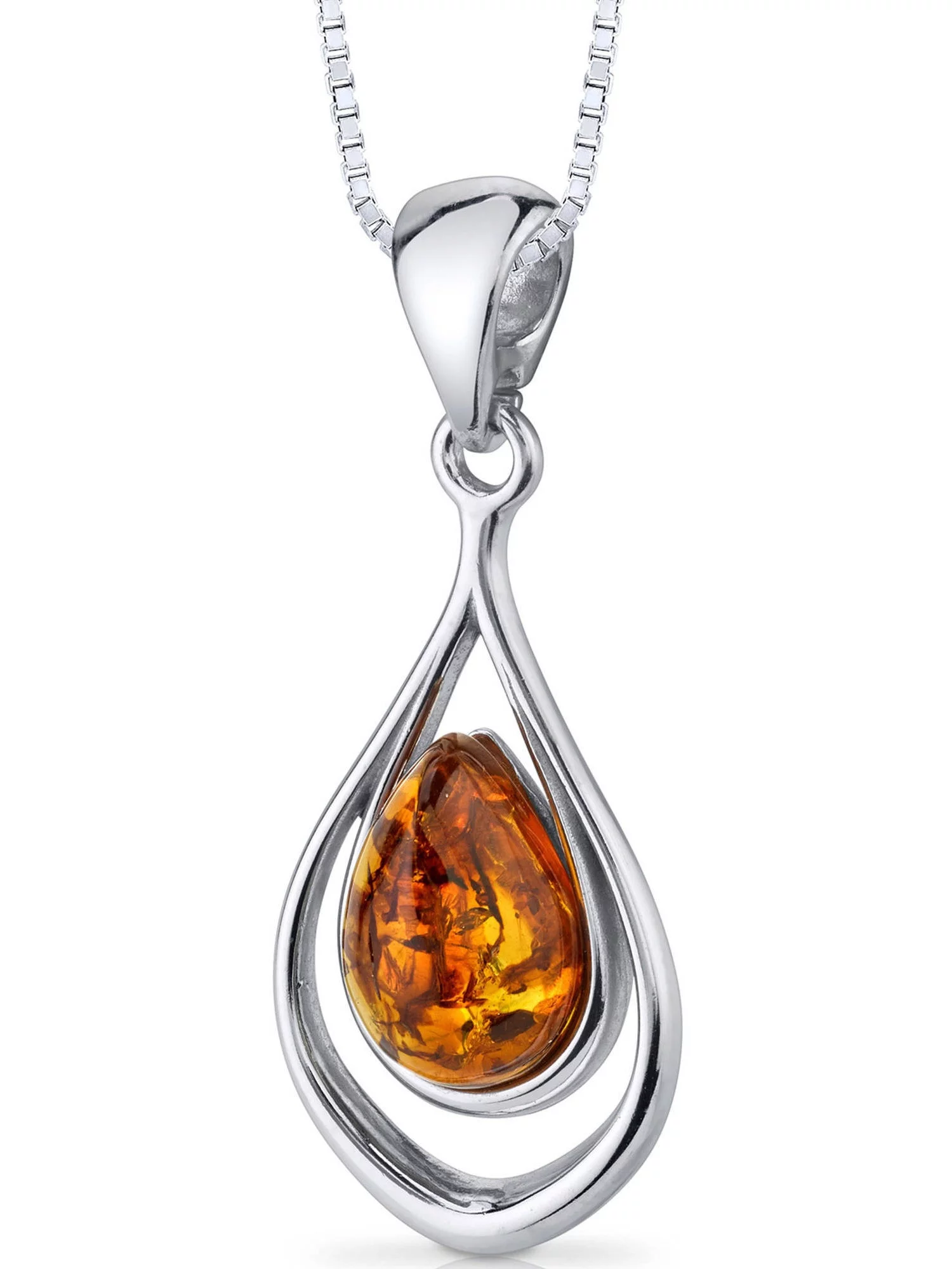 Teardrop Orange Amber Pendant Necklace in Sterling Silver, 18