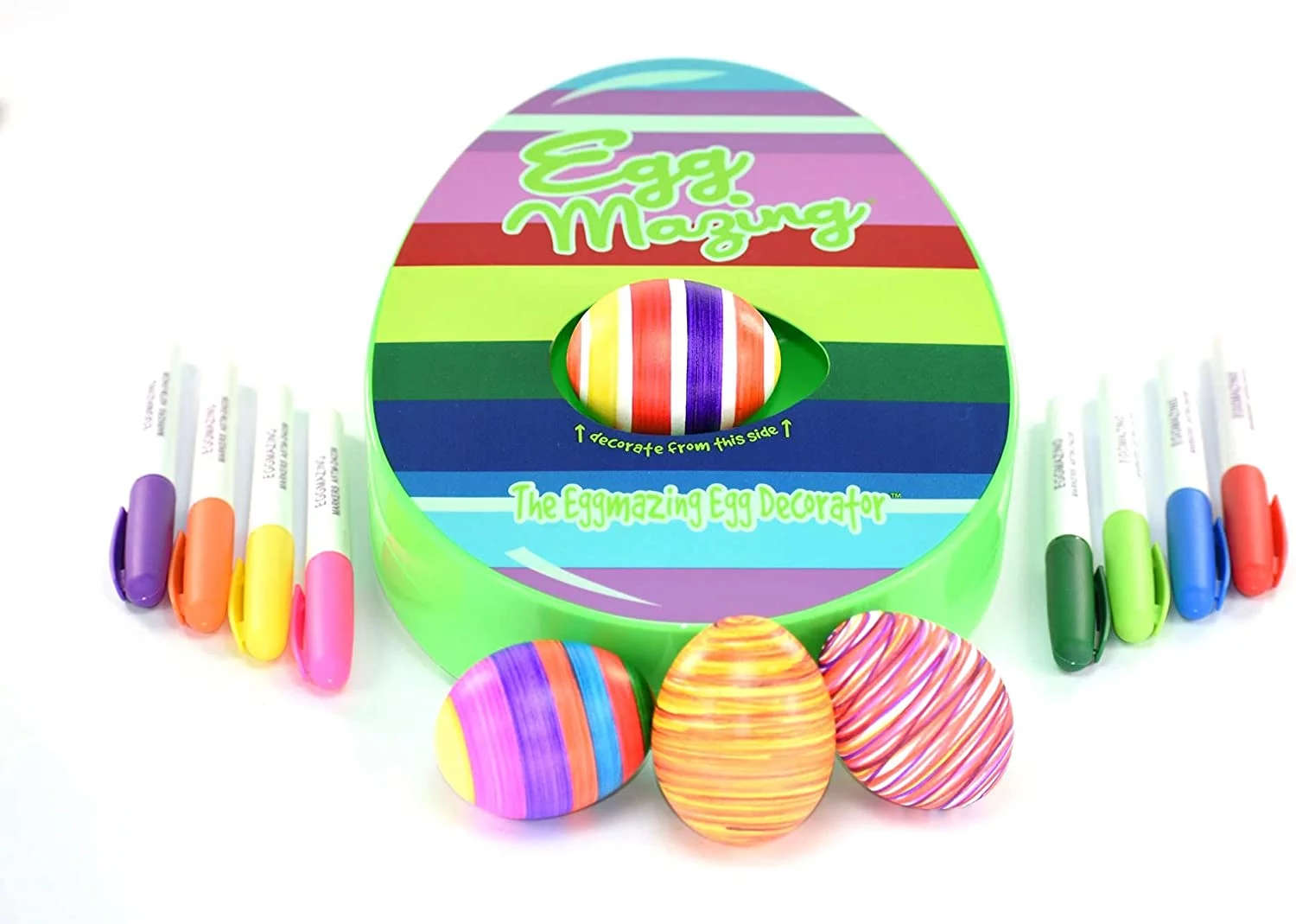 The Eggmazing Egg Decorator The Original Easter Egg Decorator Kit - Arts and Crafts Set - Includes Egg Decorating Spinner and 8 Colorful Quick Drying Non Toxic Markers [Packaging May Vary]