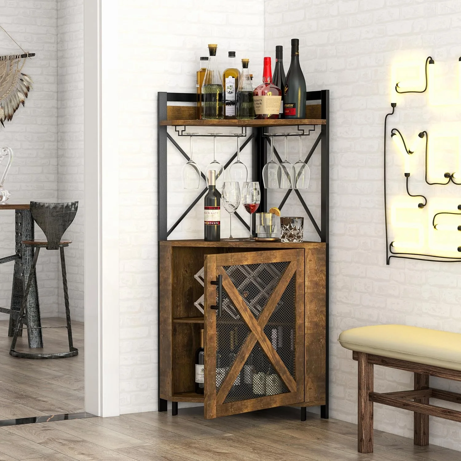 JYHOME Corner Wine Cabinet with   Wine  Cabinet with Glass Holder  Liquor Cabinet with Metal Mesh Doors & Adjustable  for Dining Room  Kitchen Living Room  Rustic Brown