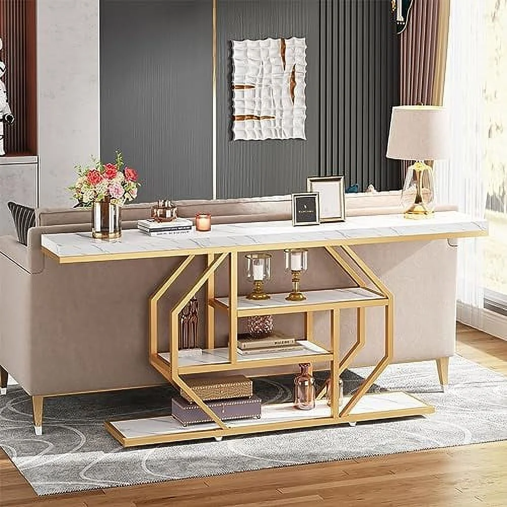 WTYNKAE 70.9 inch Extra Long Console Table  Modern Gold Sofa Table Behind Couch with   4 Tier Entryway Accent Table for Living Room  Hallway  Entrance  Faux Marble White