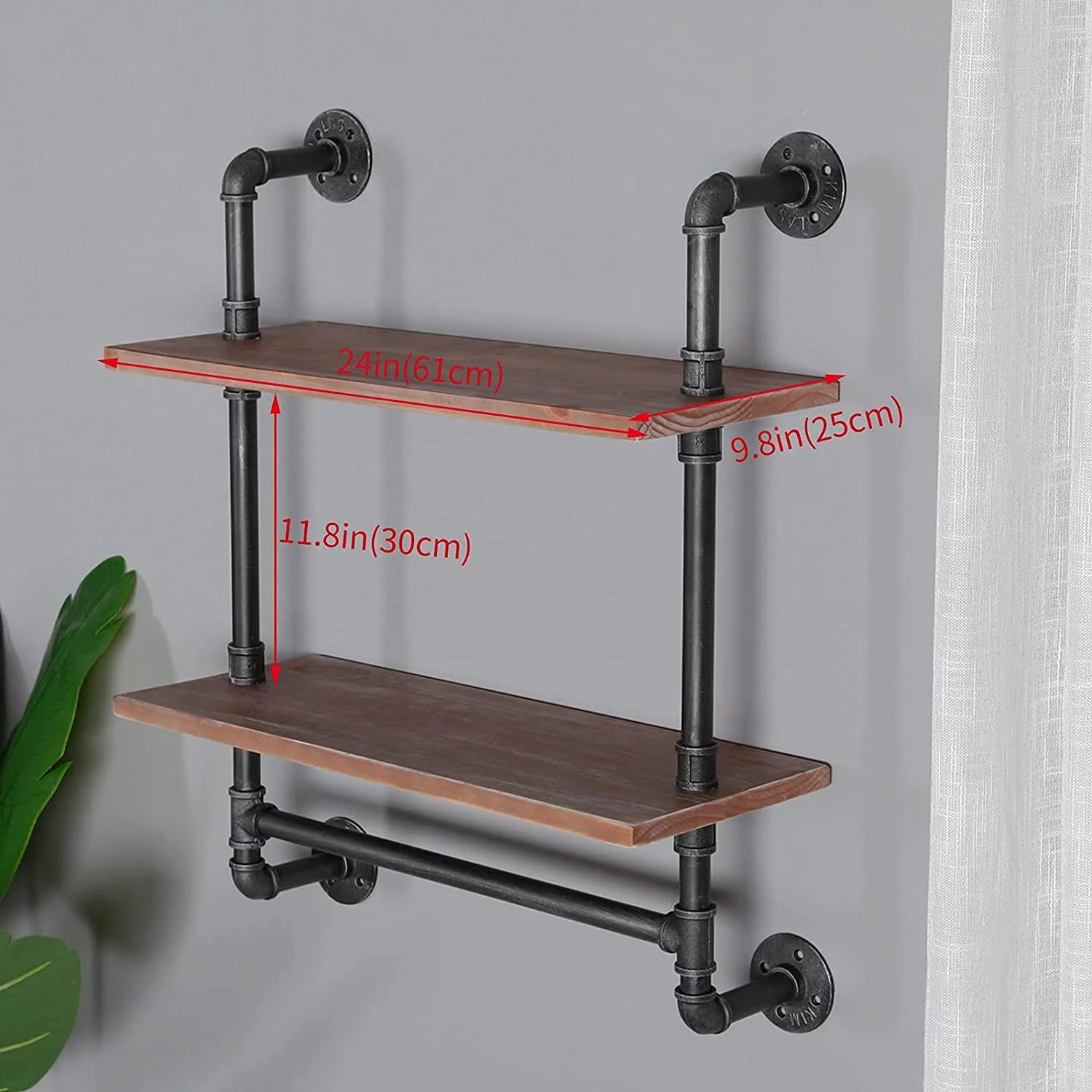 HAOFEI Industrial Pipe Shelving Bathroom Floating Shelves Wall Mounted, 2 Tier 24 inch Rustic Wood Shelf with Towel Bar, Farmhouse Towel Rack Bathroom Shelf Over Toilet