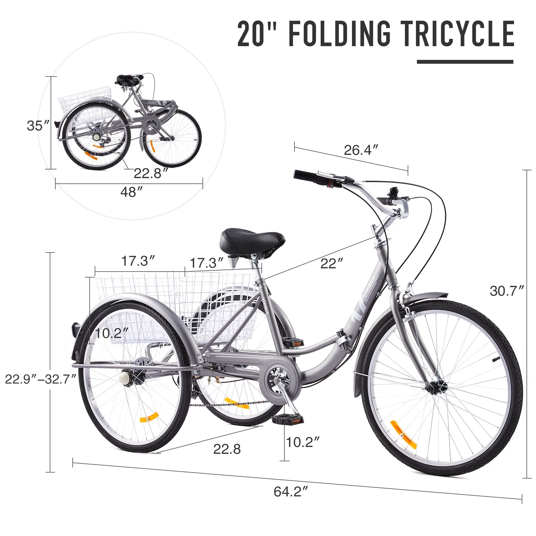 Viribus 26Inch Adult Tricycle Single Speed 3 Wheels Cruiser Bike w Removable Wheeled Basket, Dust proof Bag for Cycling Shopping Picnic Pink