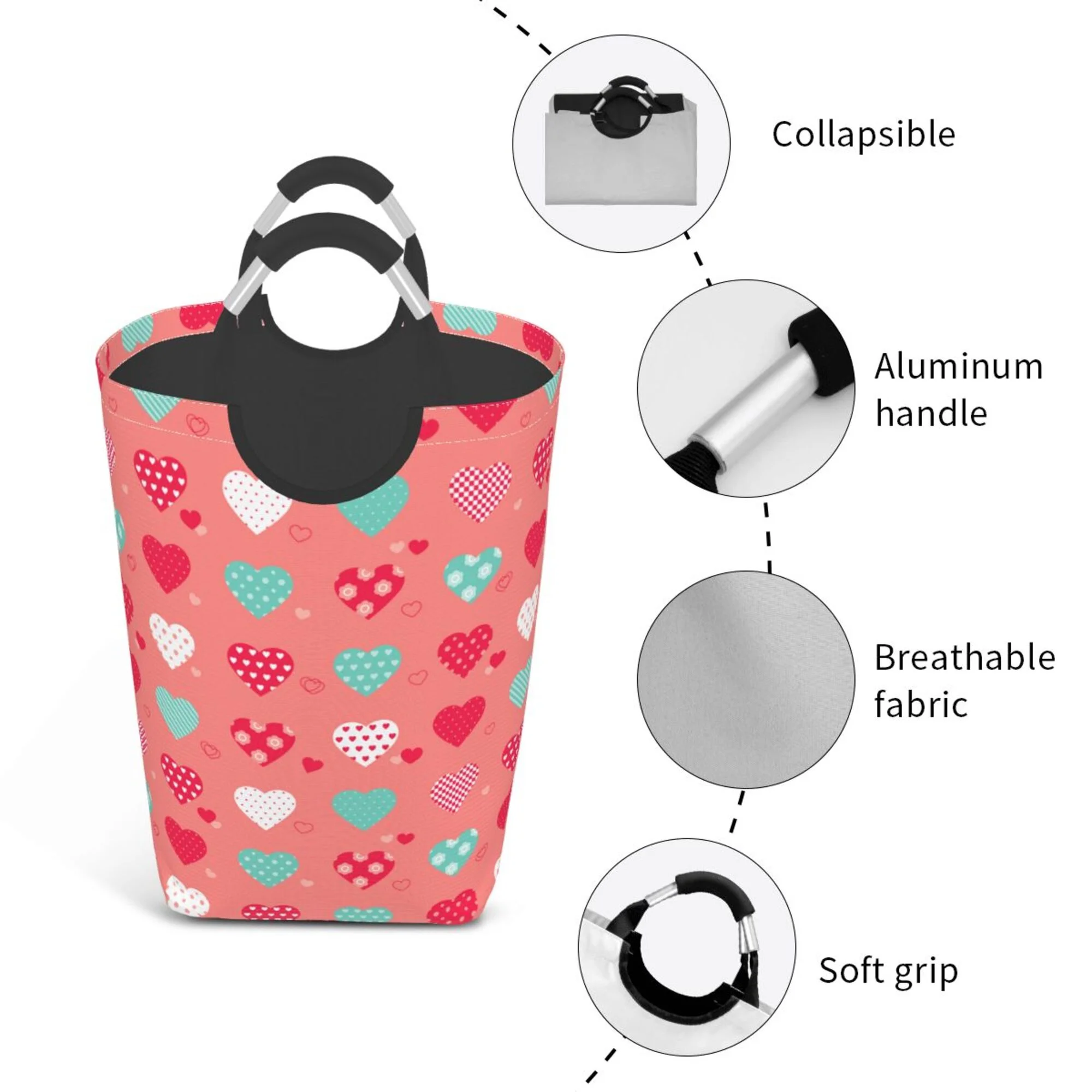 TEQUAN 50L Large Rectangular Laundry Hamper with Aluminum Handles, Pink Cute Hearts Prints Waterproof Foldable Dirty Clothes Basket