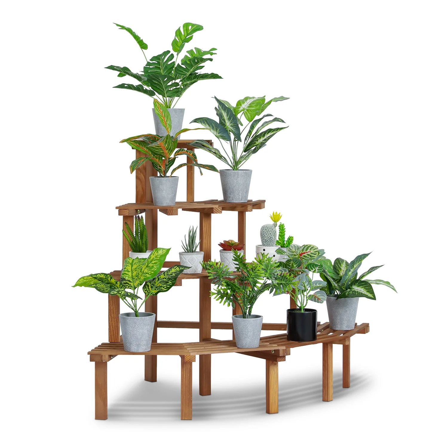MoNiBloom Wood 4 Tiers Plant Stand, Display Shelf Corner Step Flower Rack, Carbonized, for Garden