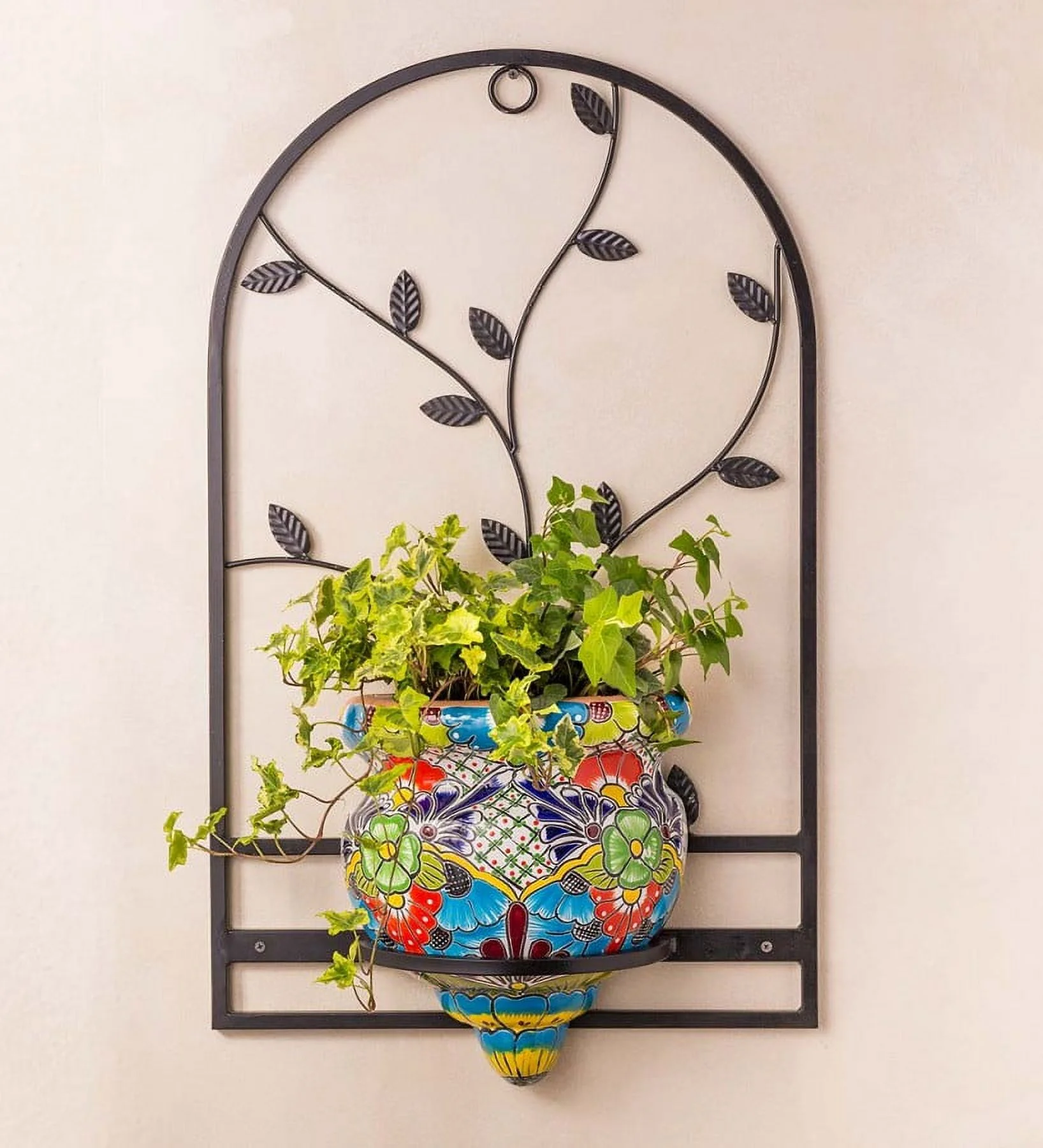 Wind & Weather Handcrafted Talavera-Style Terra Cotta Flat-Backed Wall Planter with Wrought Iron Hanger