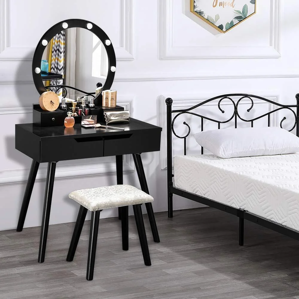 4 Drawer Makeup Vanity Set Jewelry Dressing Table Led Light Mirror Dresser Desk