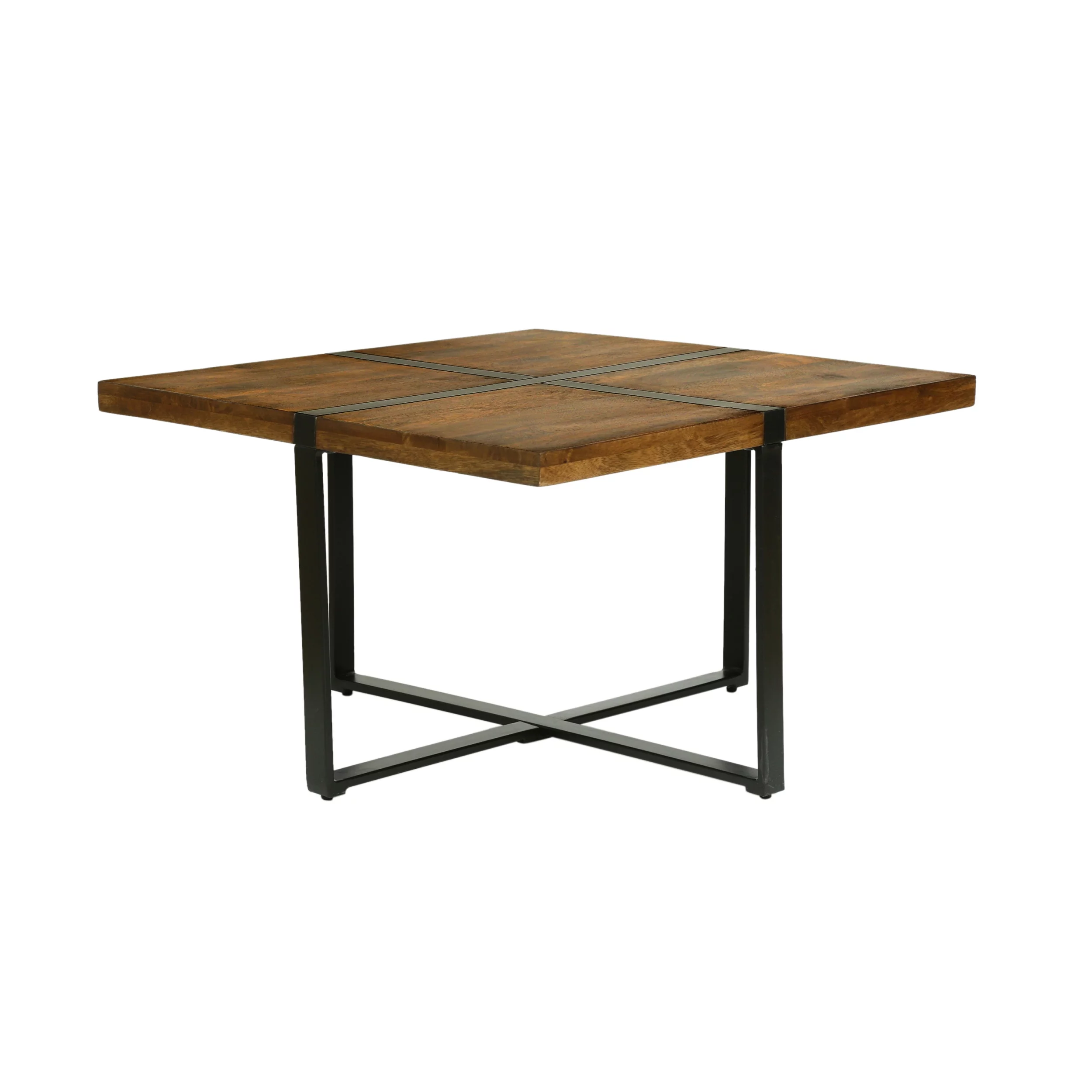 Noble House Parkey Mango Wood and Metal Handmade Square Coffee Table, Walnut Brown and Black
