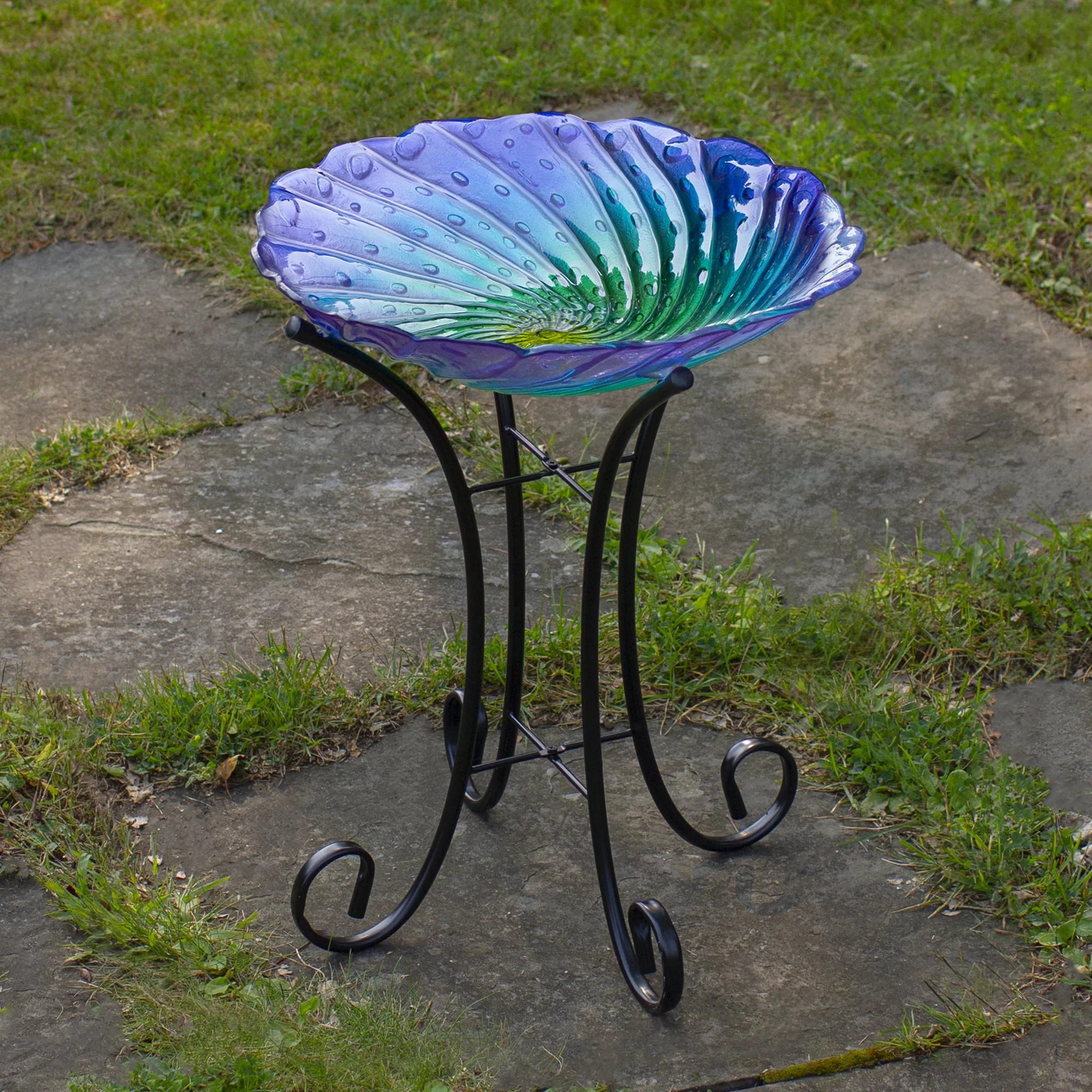 Northlight 18” Purple and Green Swirled Hand Painted Glass Outdoor Birdbath
