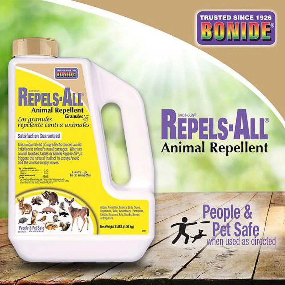 Bonide Repels-All Animal Repellent Granules, 3 lbs. Ready-to-Use Deer and Rabbit Repellent, Deter Pests from Lawn and Garden
