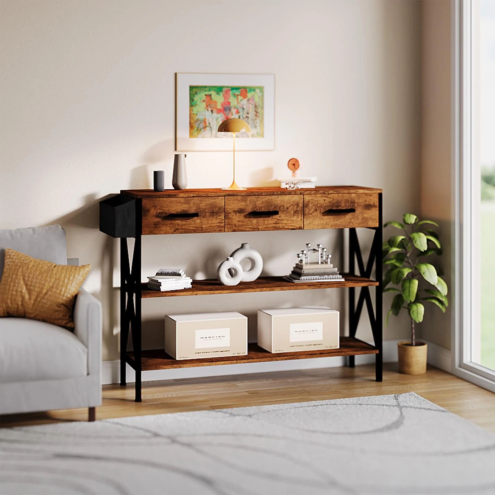 Asofer Modern 3-Tier Console Table, 3 Drawers and Open Space, Narrow Long Sofa Entryway Table for Living Room, Hallway