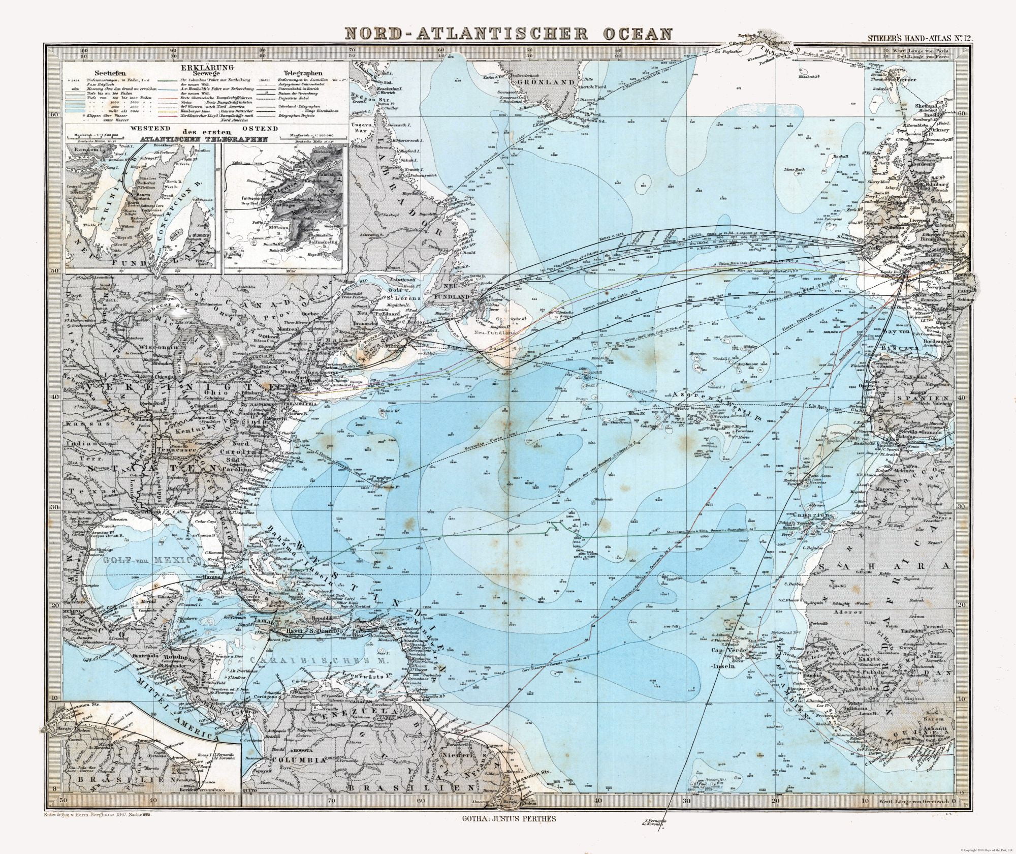 Atlantic Ocean - Stieler 1885 - 23.00 x 27.38 - Glossy Satin Paper