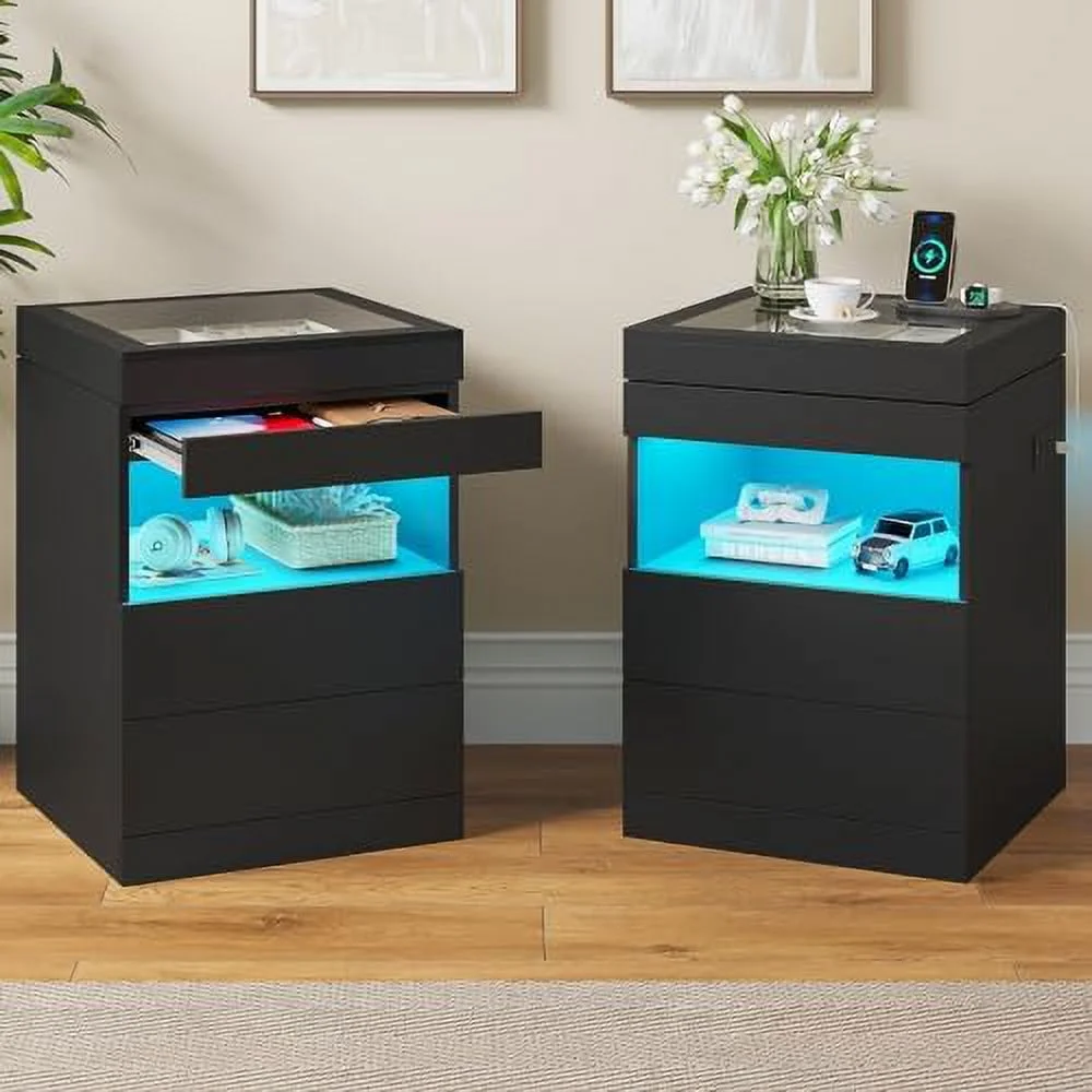 TQJKLFDY LED Nightstand with Charging Station & Sliding Top  Black Night Stand with Glass Top & Jewelry Tray  Bedside Table with Drawers & Pull-Out Tray  Modern  End Table wit