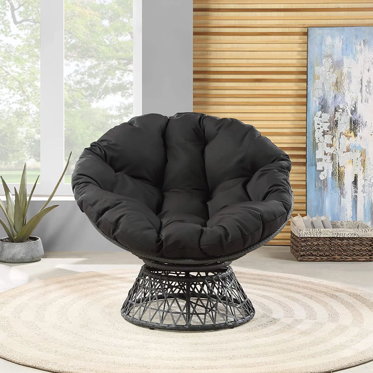 HYUN Wicker Papasan Chair with 360-Degree Swivel, Grey Frame with Black Cushion