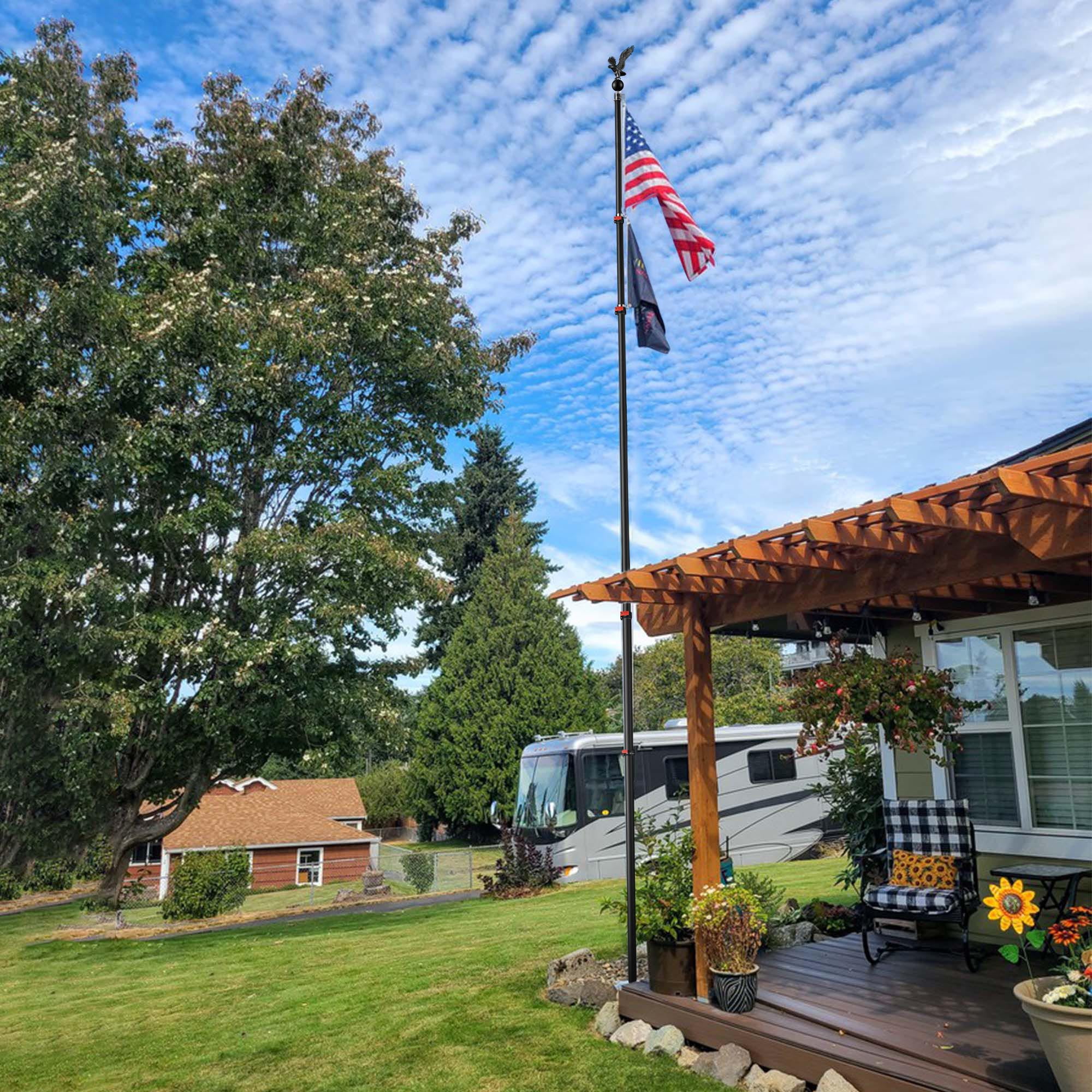 25 Ft Telescopic Aluminum Flag Pole Kit w/ 2 Balls & Eagle Topper US Flag Black