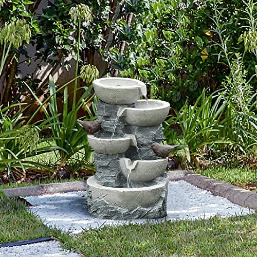 LuxenHome Resin 5 Tiered Pots Outdoor Fountain, Floor Stacked Stone Waterfall Fountain Decoration for Patio Garden Back Yard Courtyard 19 Inch, Gray/
