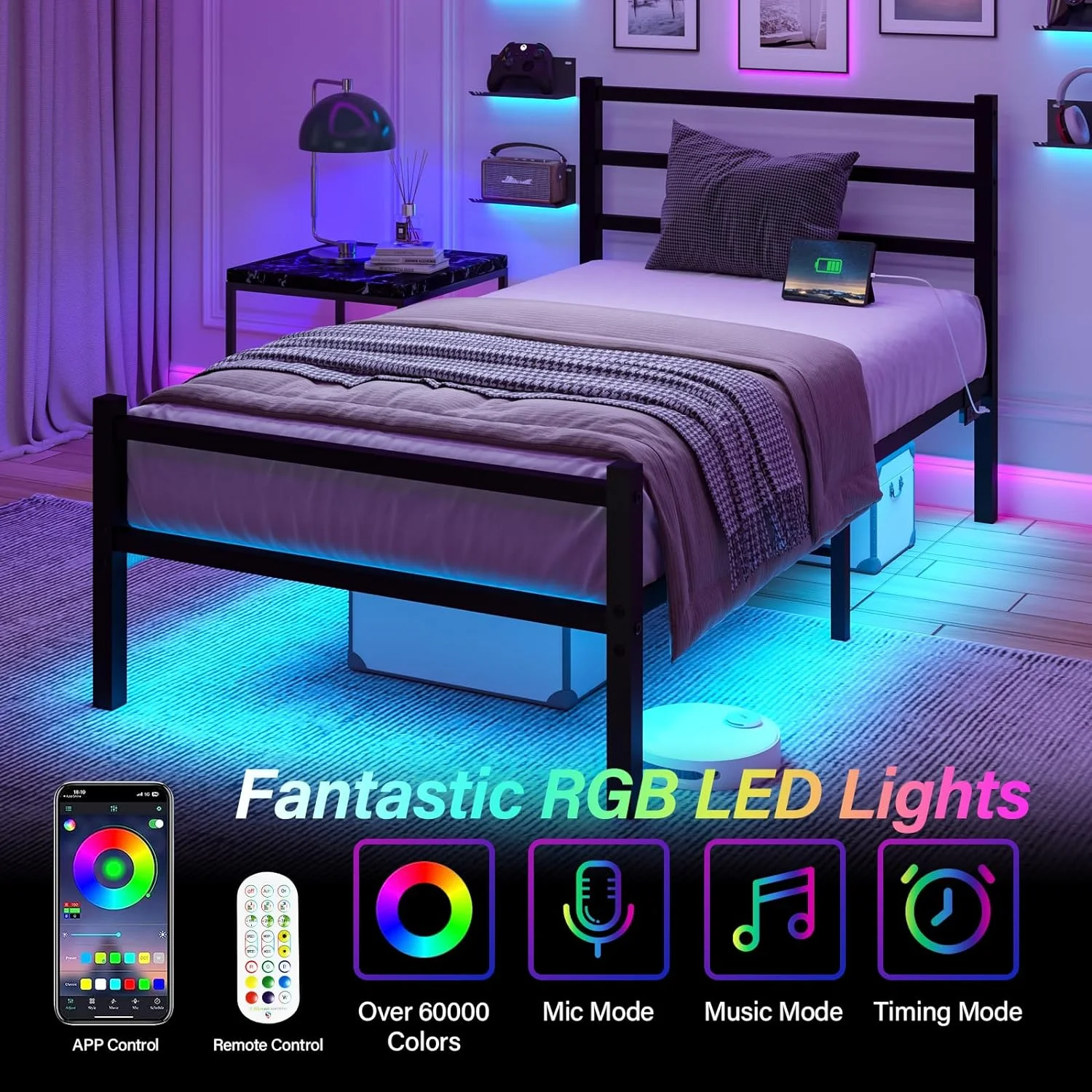 4 EVER WINNER Twin Size Bed Frame with LED Lights Headboard, Black Metal Platform Bed Frame with Charging Station, Heavy Duty, No Box Spring Needed, Black