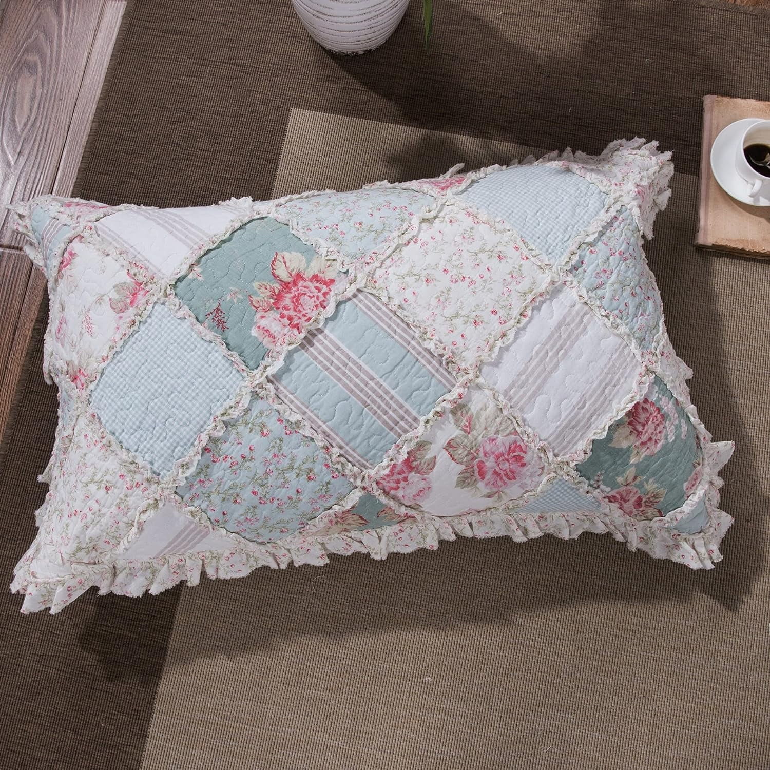 Blooming Floral Patchwork Pillow Sham - Hint Of Mint Cotton Country Cottage Chic - Dainty Ruffles Pastel Light Blue/Green - King Size 20