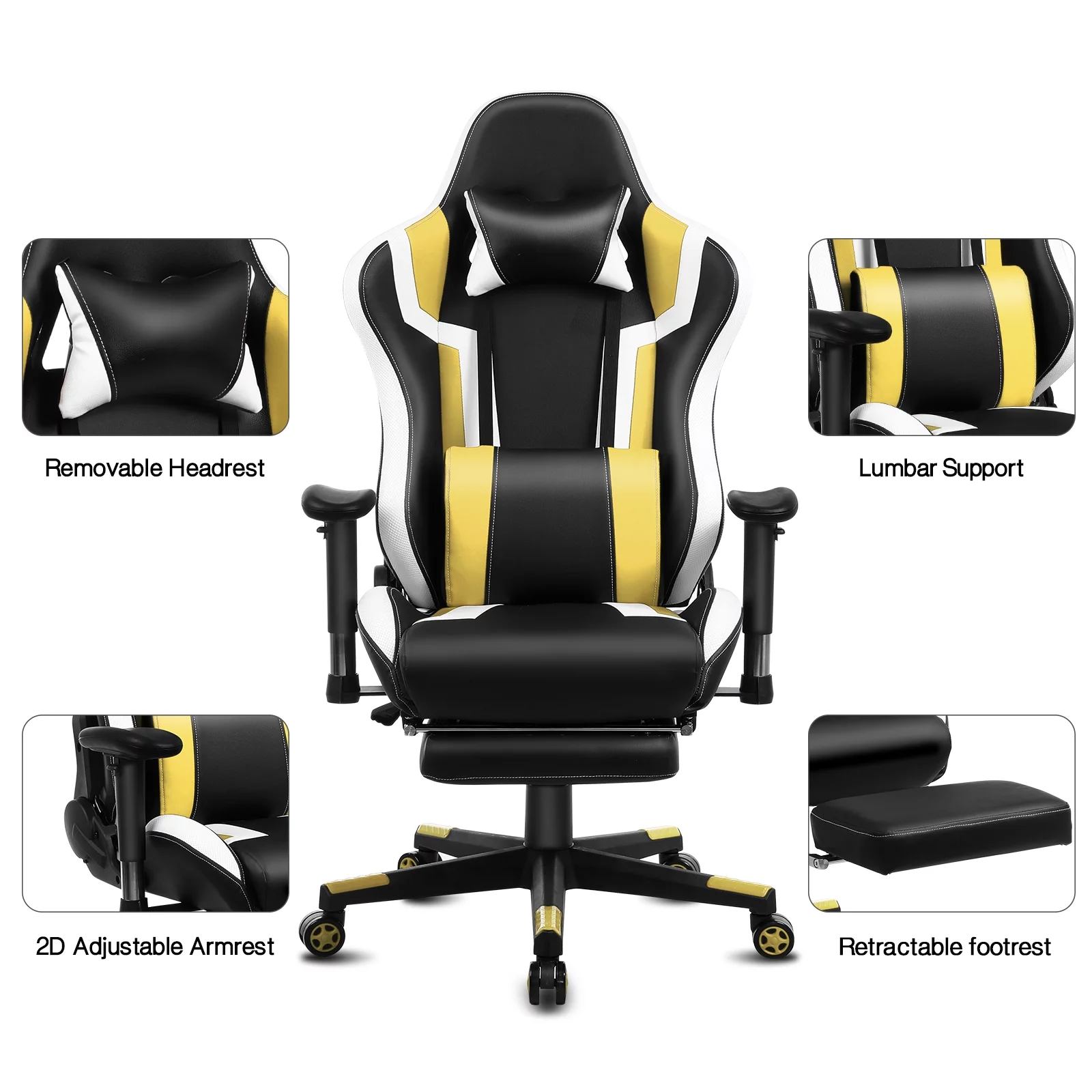 Gaming Chair High Back Ergonomic Swivel Racing Style Office Computer Desk Executive Recliner Chair with Footrest, Headrest, Lumbar Support, Black Yellow