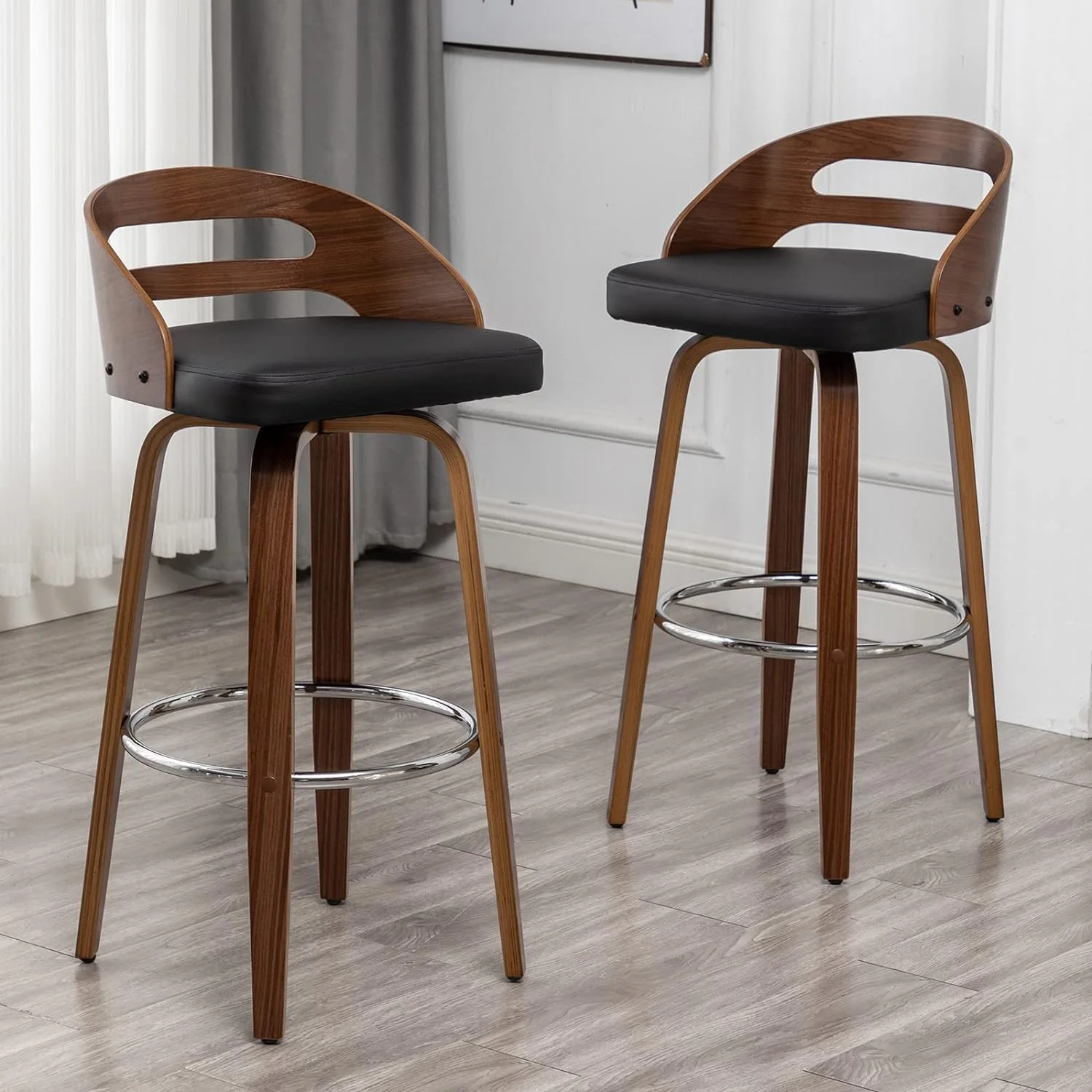 U-ToBe Bar Stools Set of 2, Swivel Bar Height Stools with Low Back, Wood Bar Chairs with Soft Cushion Seat, 30.31-Inch Seat Height (Black, 30