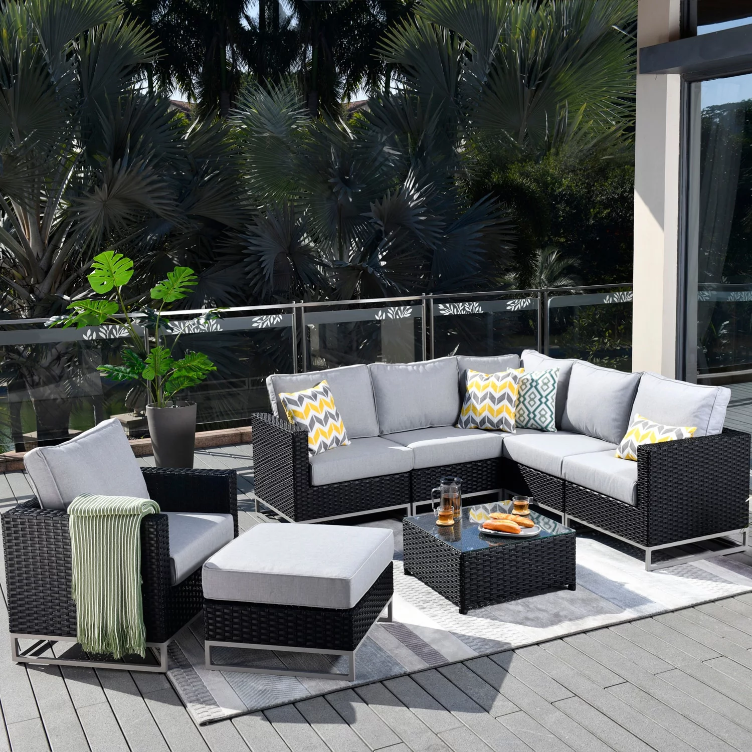 OVIOS  Patio Furniture Deep Seat Wicker Metal Frame 8-piece Set with Cushions with Table Grey/Black Wicker