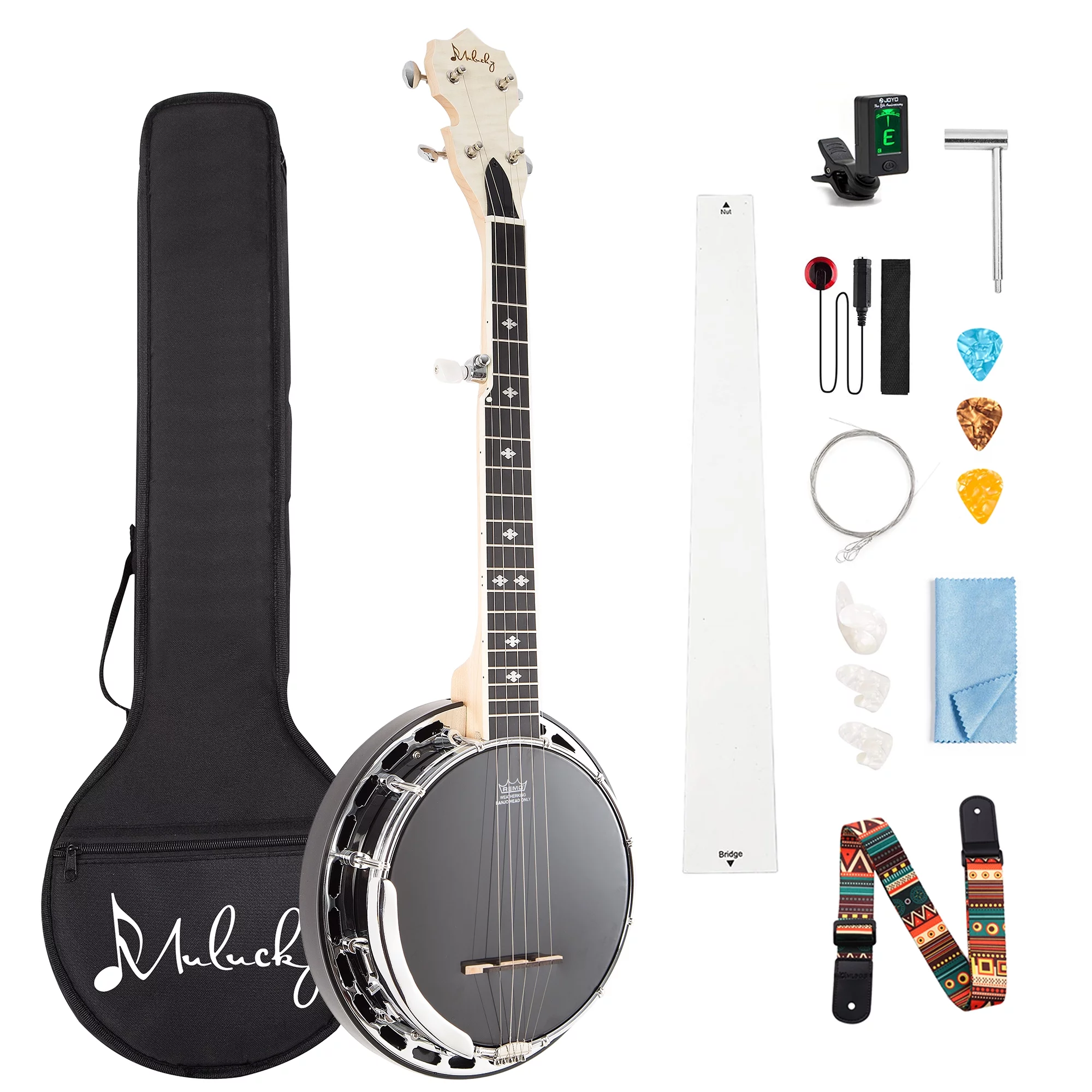 Mulucky 5 String Banjo MINI, 28 Inch Travel Banjo with Remo Head, Resonator and Geared 5th Tuner, Beginning Kit with Tuner Strap Wrench Picks Ruler - MB803