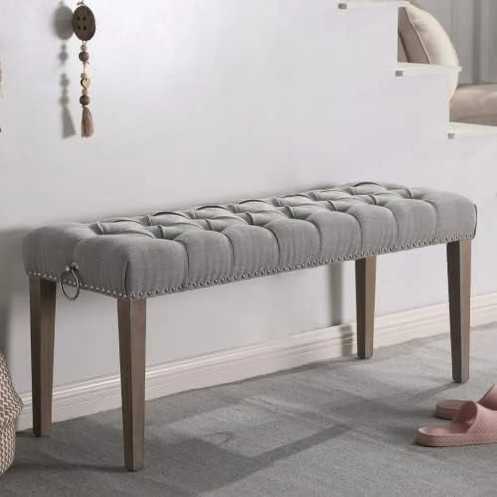 SJOLKMN French Vintage Bench  43.3 Inch Upholstered Ottoman Bench with Solid Wooden Legs Pull Ring  Linen Fabric Tufted Shoe Bench for Entryway Bedroom  Grey