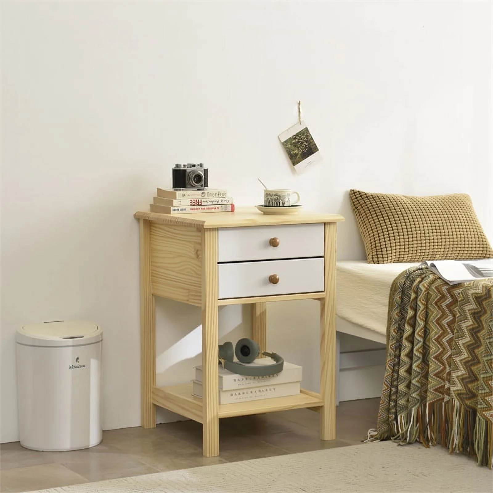 Home Square Solid Pine Wood 2 Drawer Nightstand in White & Natural - Set of 2