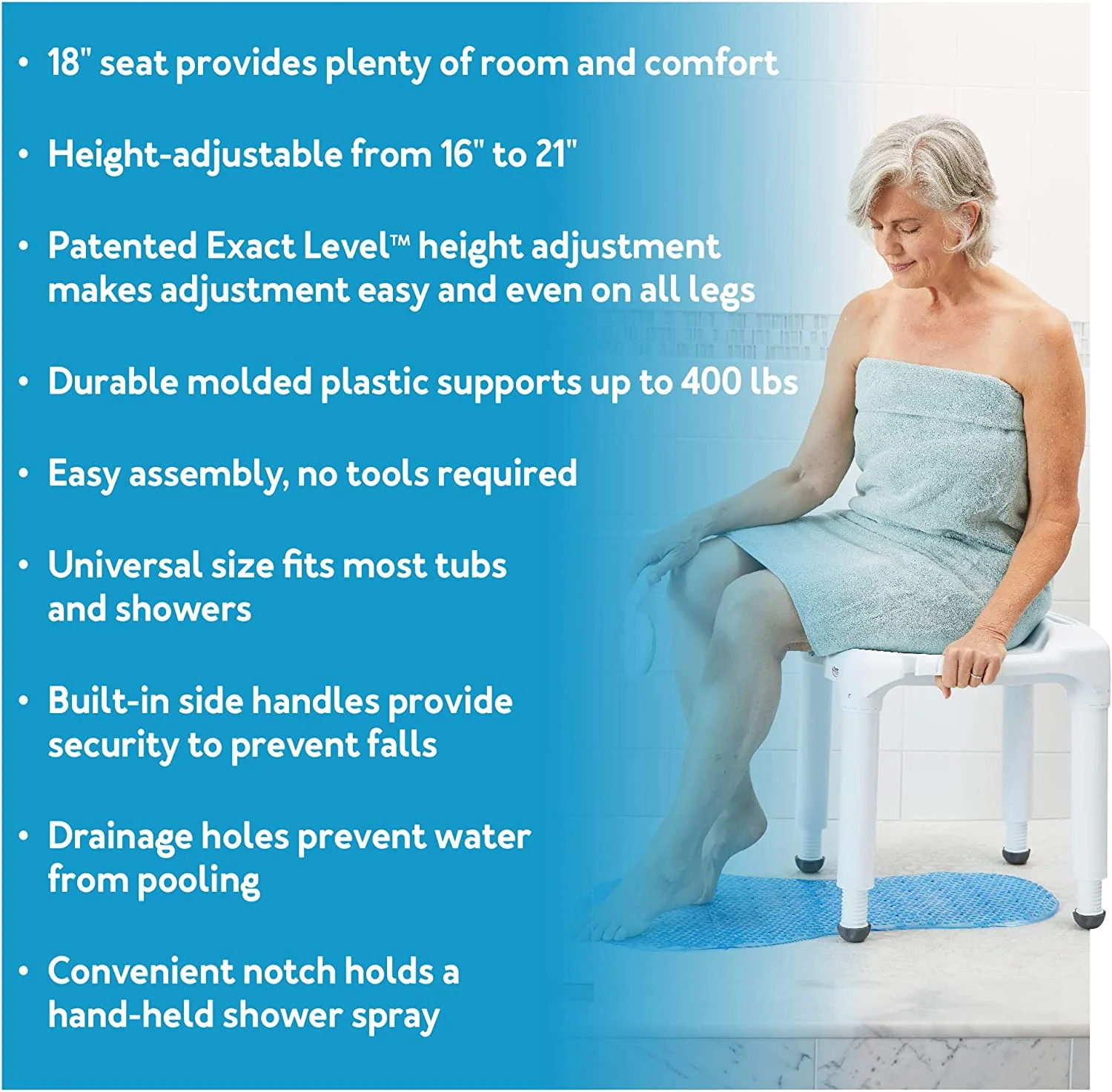 Carex Universal Bath Seat and Shower Chair - Bath Chair Supports Up To 400 Pounds - Adjustable Height Shower Bench, Plastic Stool For Shower, Shower Seat