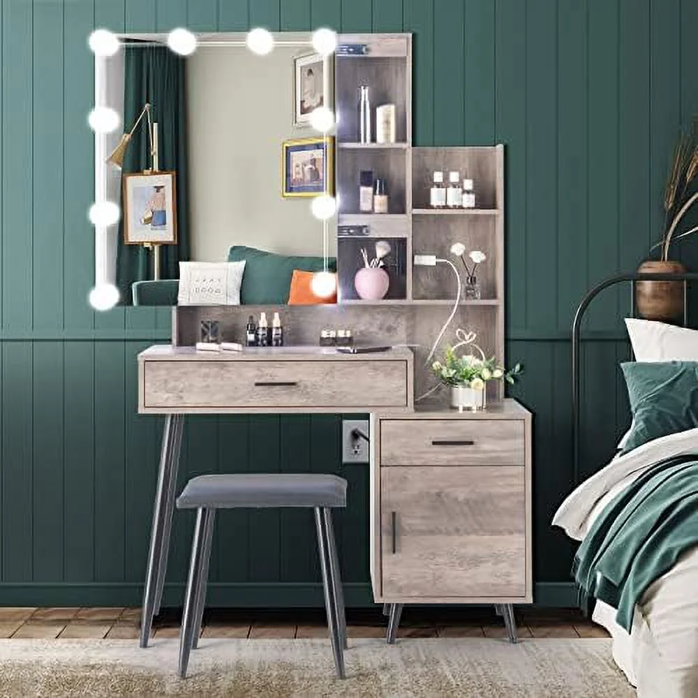 HBLUKDL Vanity Desk with Sliding Mirror & Lights & Charging Station & Drawers & Shelves  Farmhouse Modern  Vanity Set with Stool for Bedroom (Rustic Gray  43'' x 1