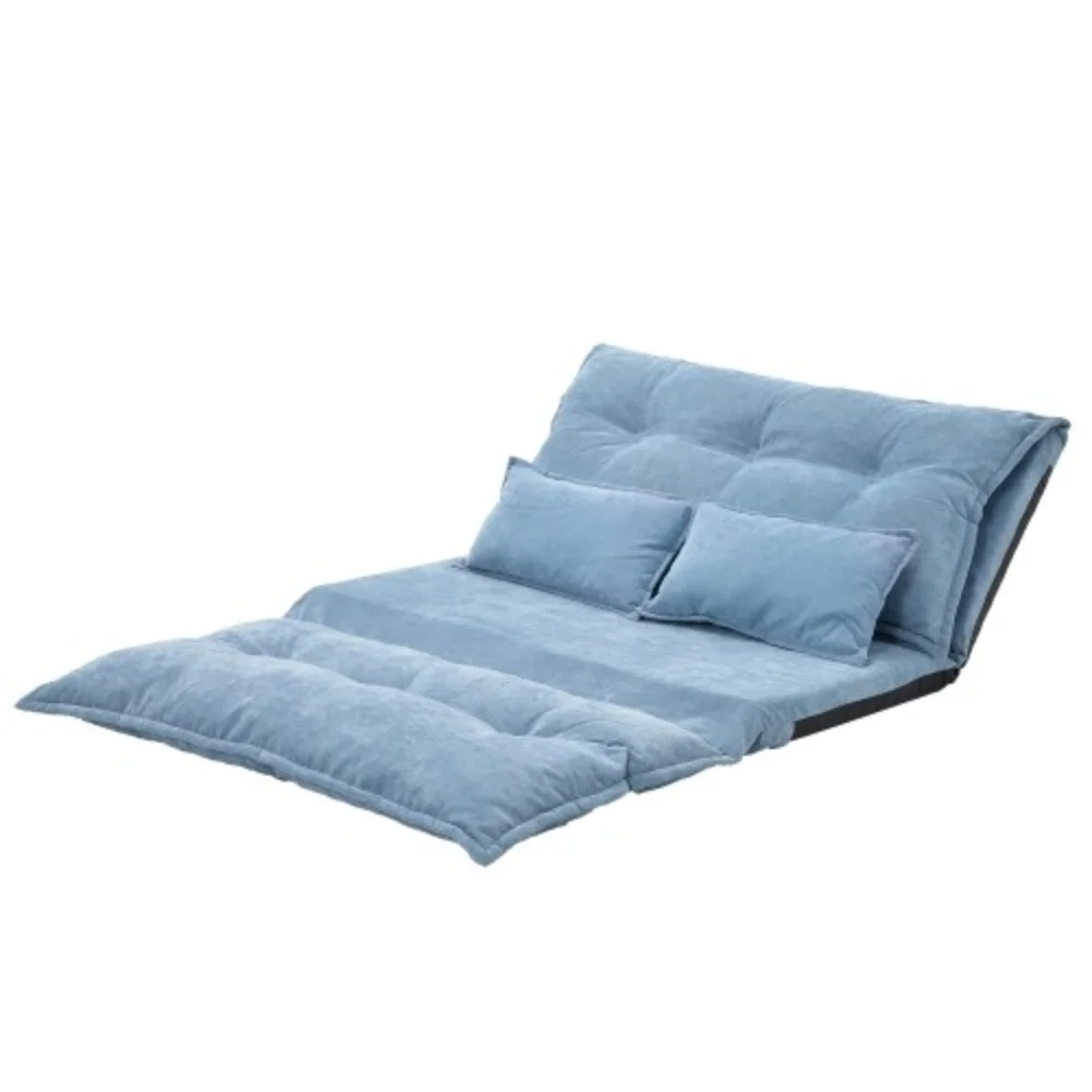 Lazy Sofa Adjustable Folding Futon Sofa Video Gaming Sofa with Two Pillows  Blue + Polyester + Foam