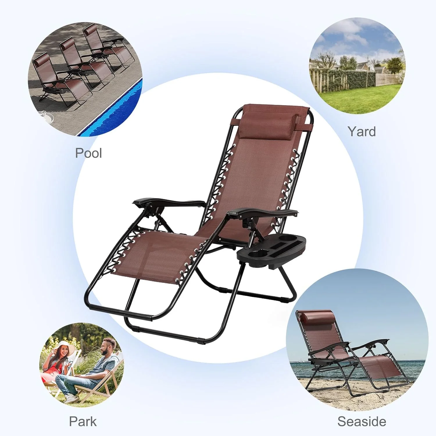 Set of 2 Relaxing Recliners Patio Chairs Adjustable Steel Mesh Zero Gravity Lounge Chair Beach Chairs with Pillow and Cup Holder Khaki (Brown)