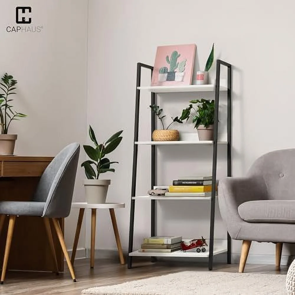 WTYNKAE 5 Tier Ladder Bookshelf  24 Inch Width Free Standing   Bookcase   Rack Organizer  Industrial Book Shelves for Home Office  Living Room  Kitchen  White  Vintage Shelves