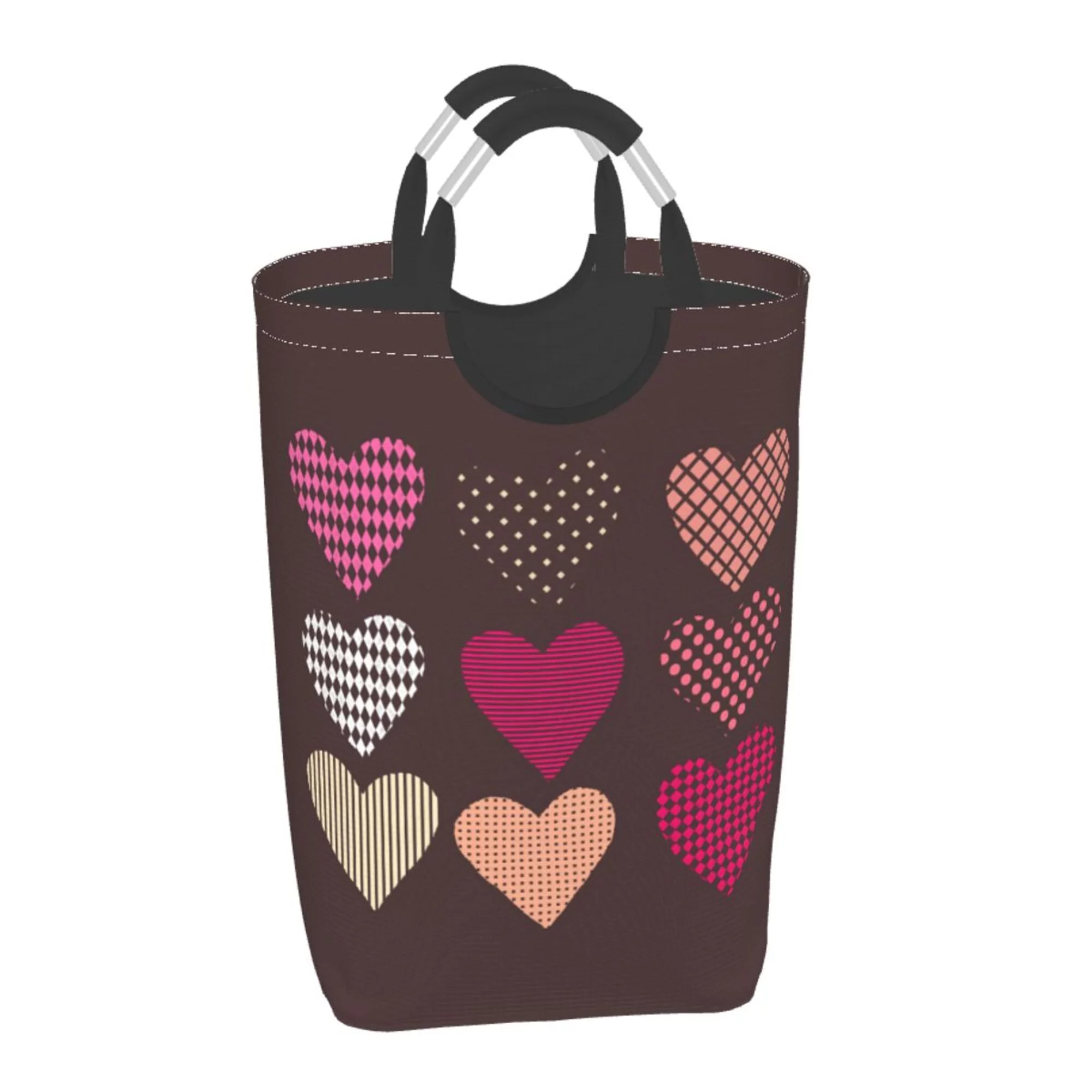 TEQUAN 50L Large Rectangular Laundry Hamper with Aluminum Handles, Brown Romantic Love Prints Waterproof Foldable Dirty Clothes Basket