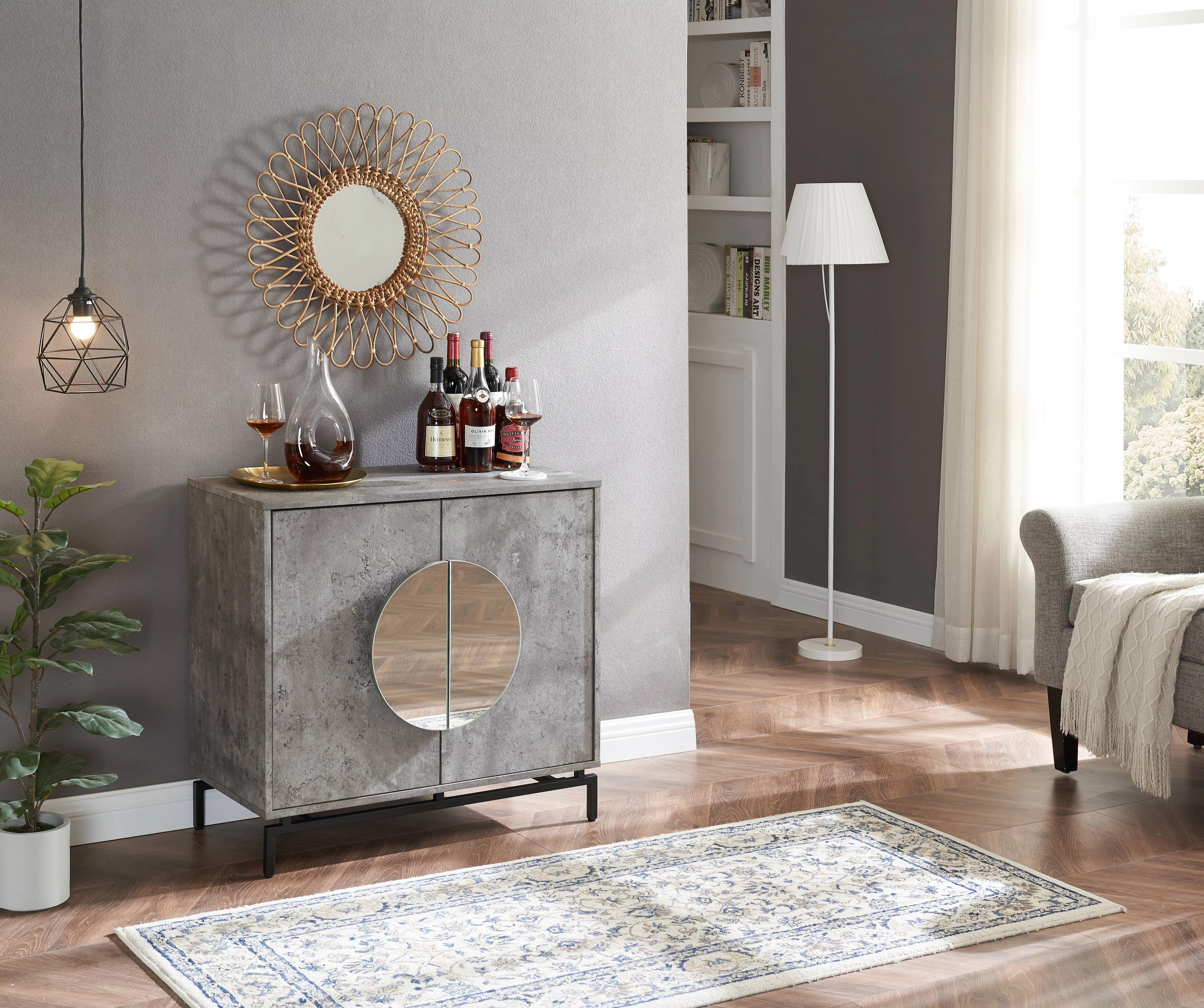 Home Source Cement Console Bar Cabinet with Half Moon Handles