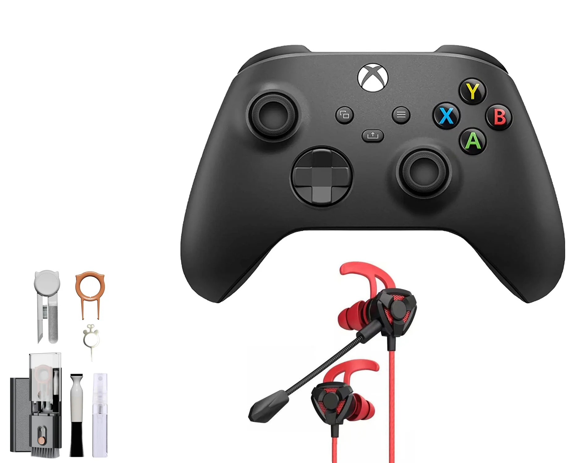 Microsoft Xbox Wireless Carbon Black Controller for Xbox Console + Wired Earbuds With Cleaning Kit BOLT AXTION Bundle Like New