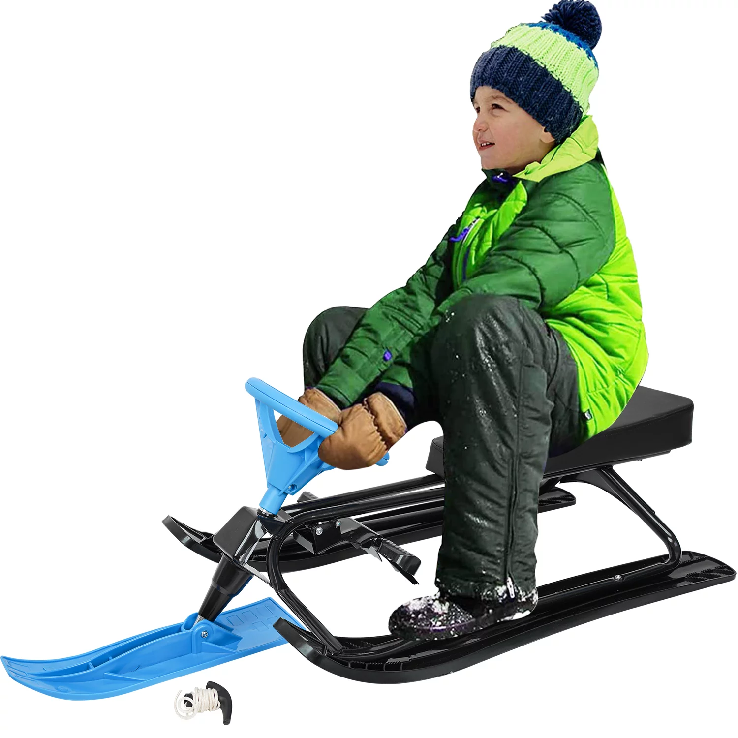 uhomepro Snow Racer Sled for Kids Toddlers Sports Toy, Classic Ski Slider Board with Steering Wheel, Twin Brakes, Durable Steel Frame, Weight Capacity of 220 LBS, Blue